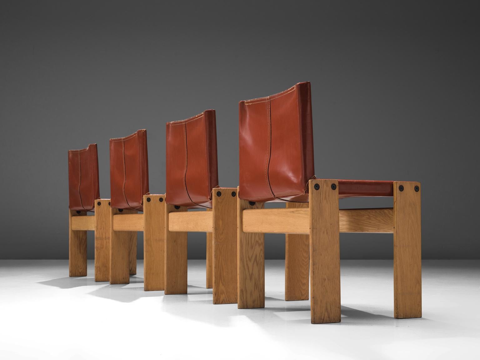 Mid-Century Modern Afra & Tobia Scarpa Set of Four 'Monk' Dining Chairs in Red Leather and Ash 