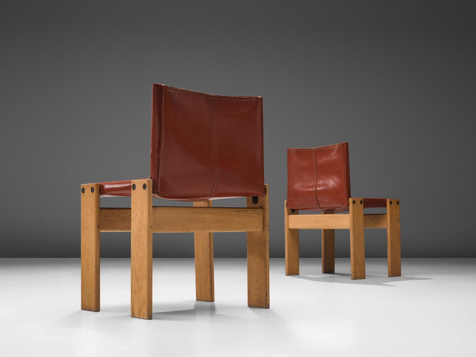 Italian Afra & Tobia Scarpa Set of Four 'Monk' Dining Chairs in Red Leather and Ash 