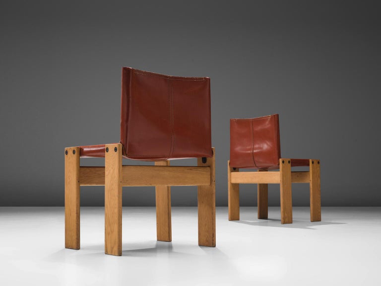 Italian Afra & Tobia Scarpa Set of Four 'Monk' Dining Chairs in Red Leather and Ash  For Sale