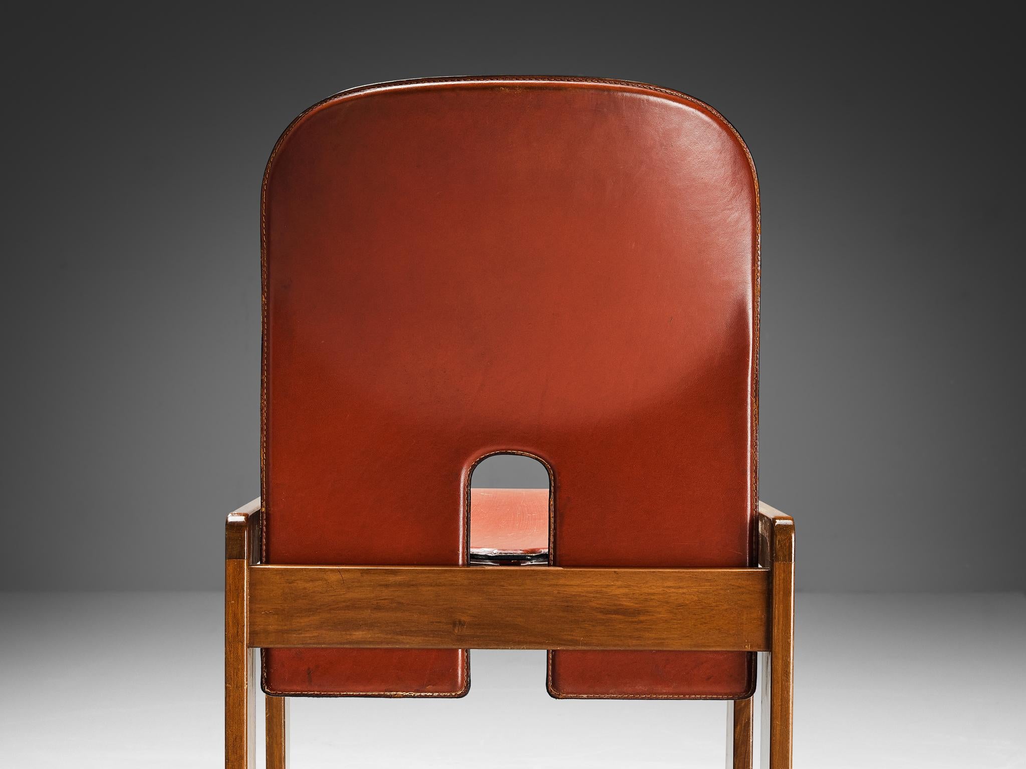 Italian Afra & Tobia Scarpa Set of Six '121' Dining Chairs in Red Brown Leather  For Sale