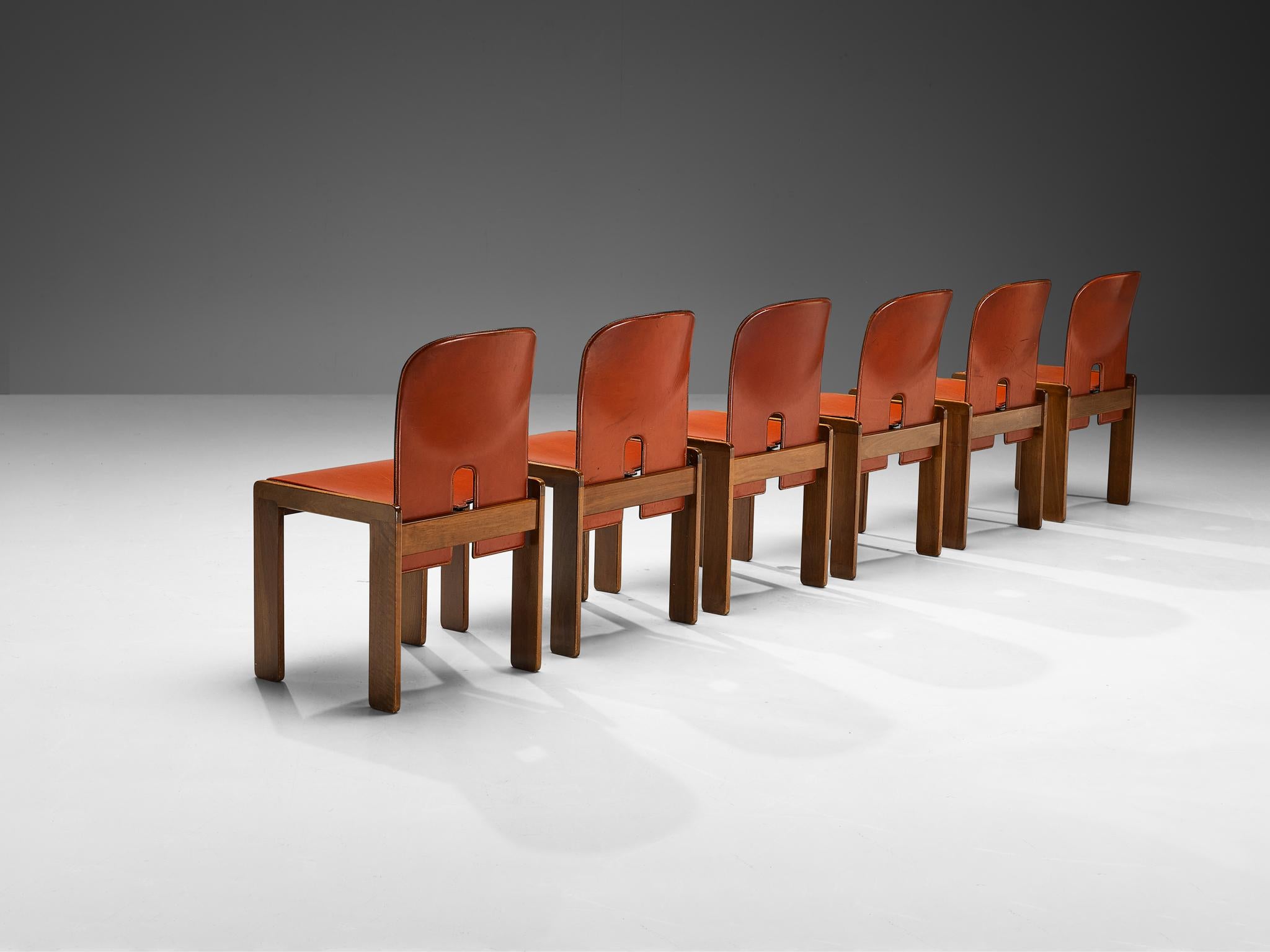 Afra & Tobia Scarpa Set of Six '121' Dining Chairs in Red Brown Leather  For Sale 2
