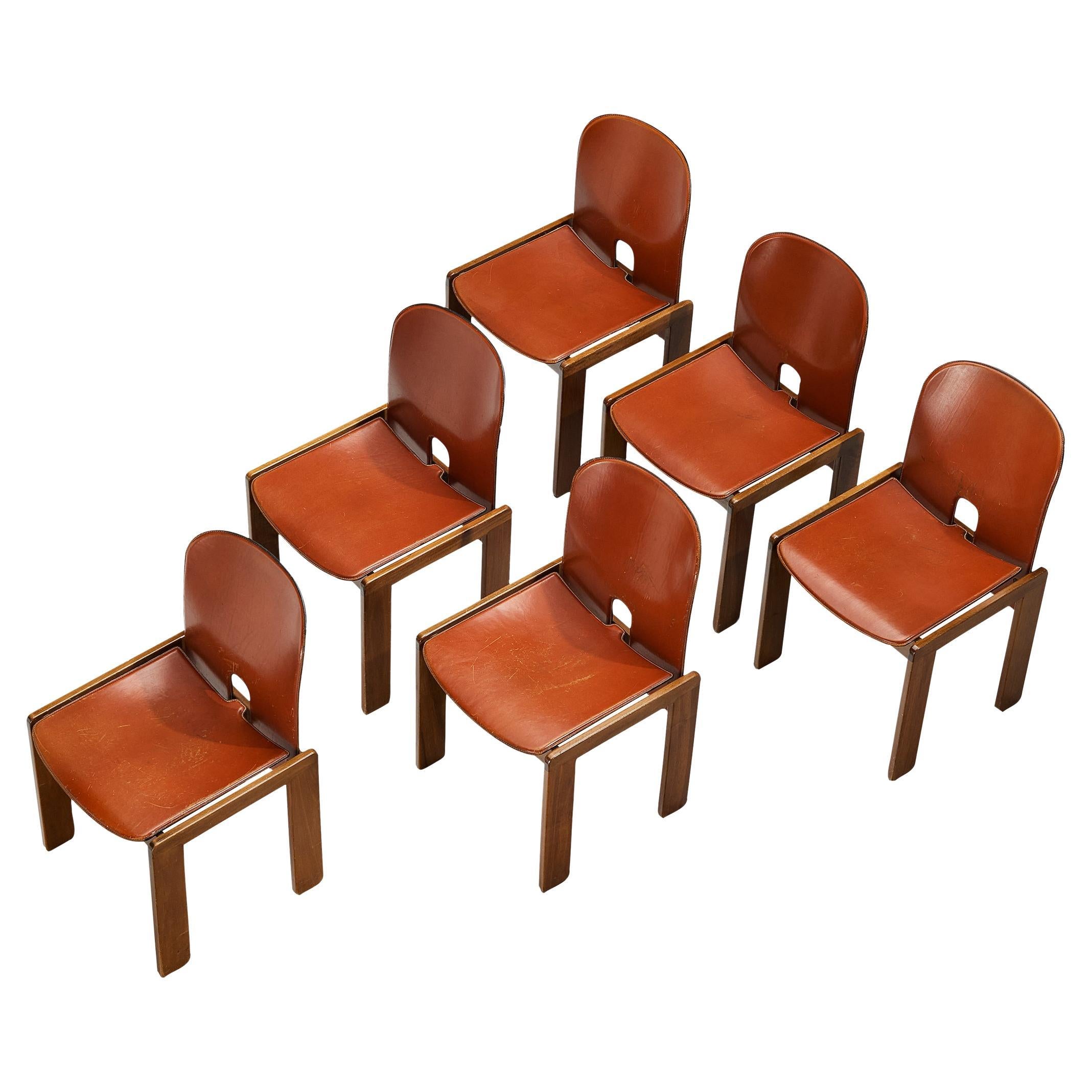 Afra & Tobia Scarpa Set of Six '121' Dining Chairs in Red Brown Leather  For Sale