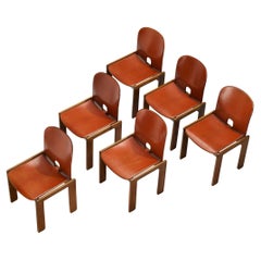 Afra & Tobia Scarpa Ensemble de six chaises de salle à manger '121' en cuir rouge Brown 