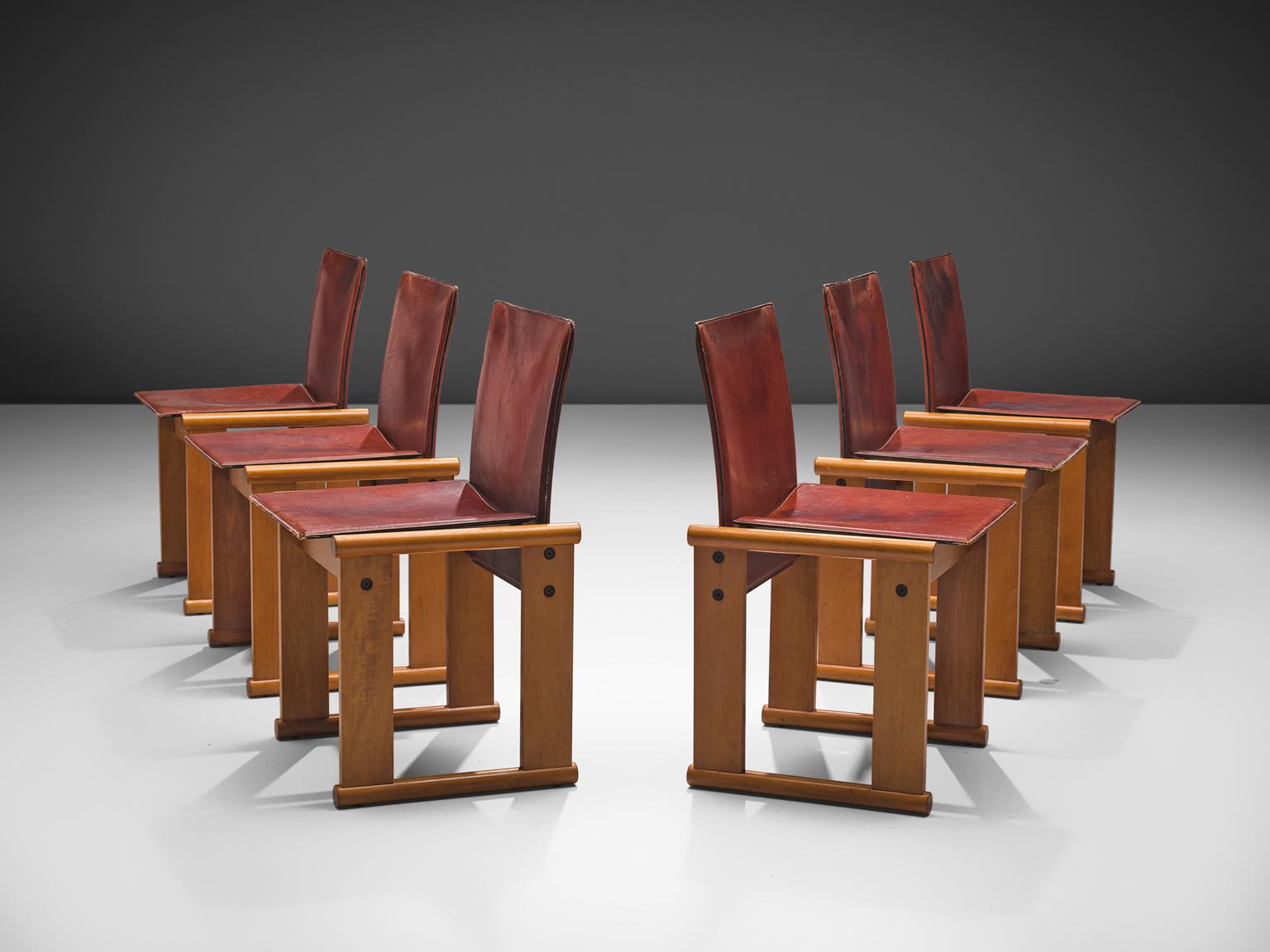 Mid-Century Modern Afra & Tobia Scarpa Set of Six Dining Chairs in Red Patinated Leather