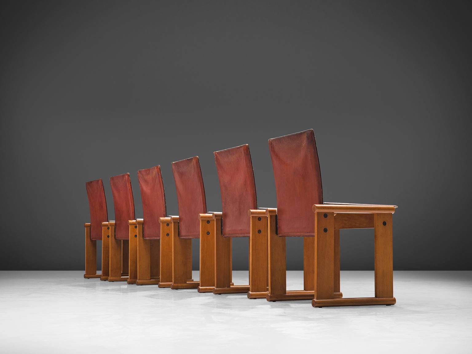 Italian Afra & Tobia Scarpa Set of Six Dining Chairs in Red Patinated Leather