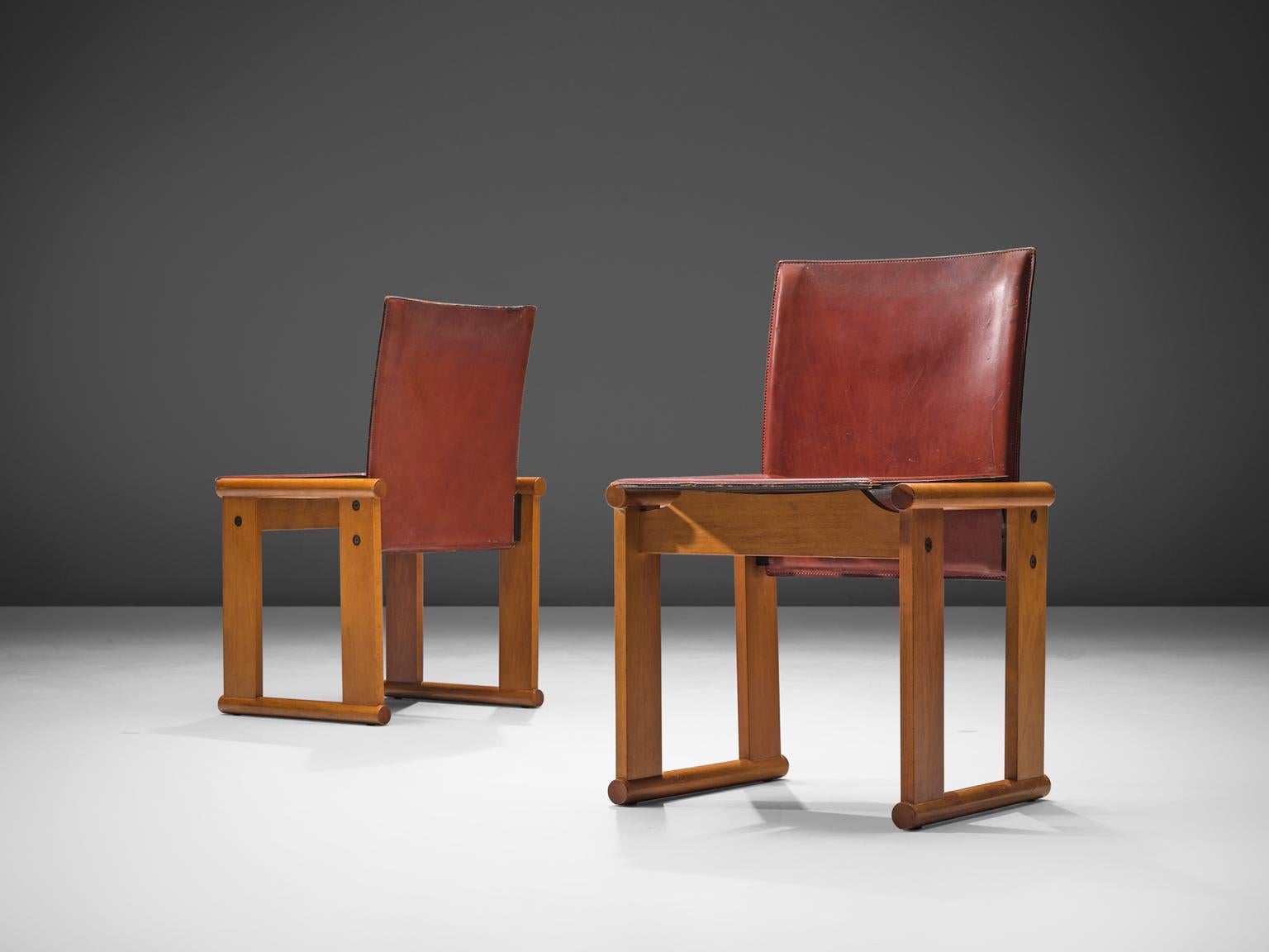 Afra & Tobia Scarpa Set of Six Dining Chairs in Red Patinated Leather In Good Condition In Waalwijk, NL