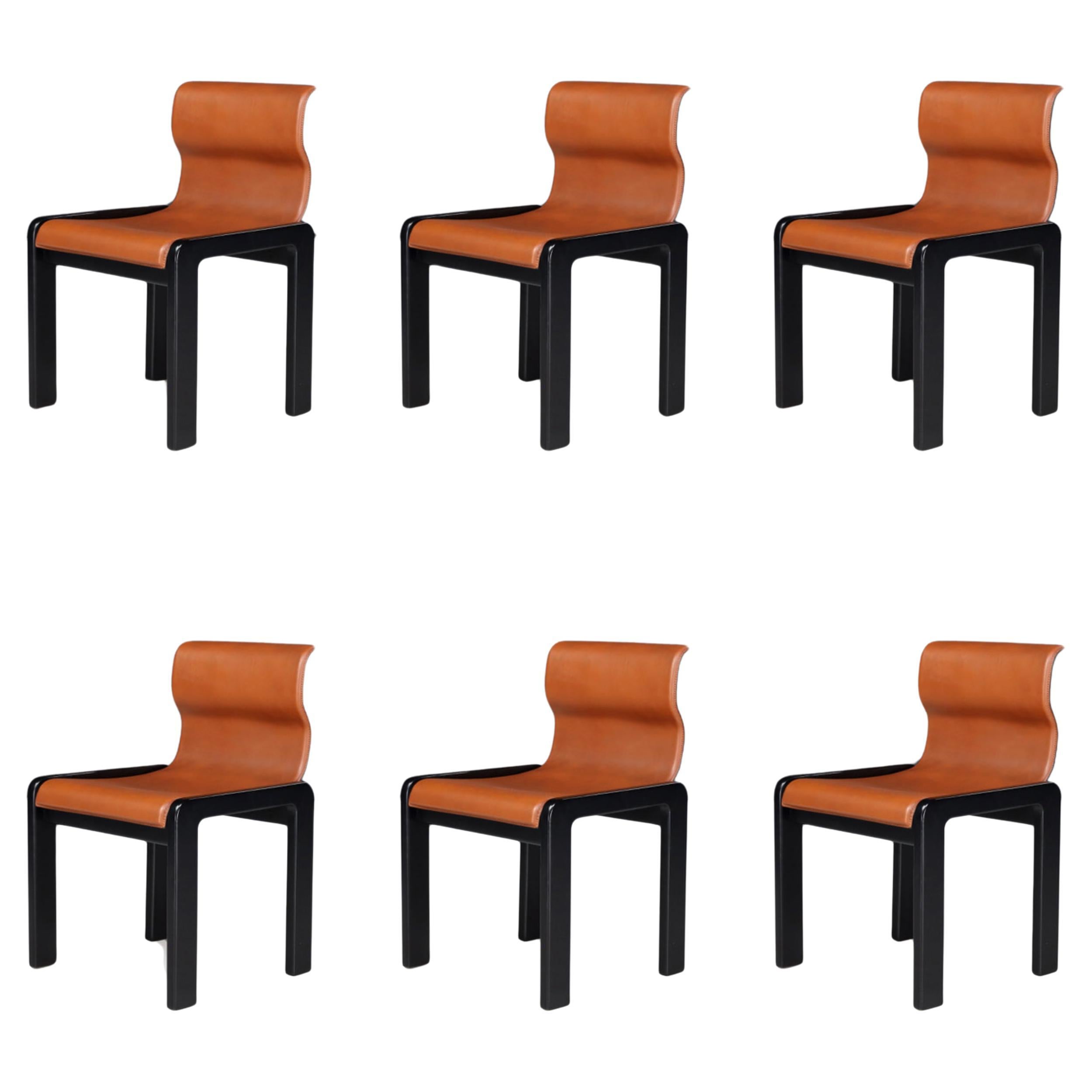 Ensemble de six chaises de salle à manger en cuir cognac, Afra & Tobia Scarpa, Italie 1966 en vente