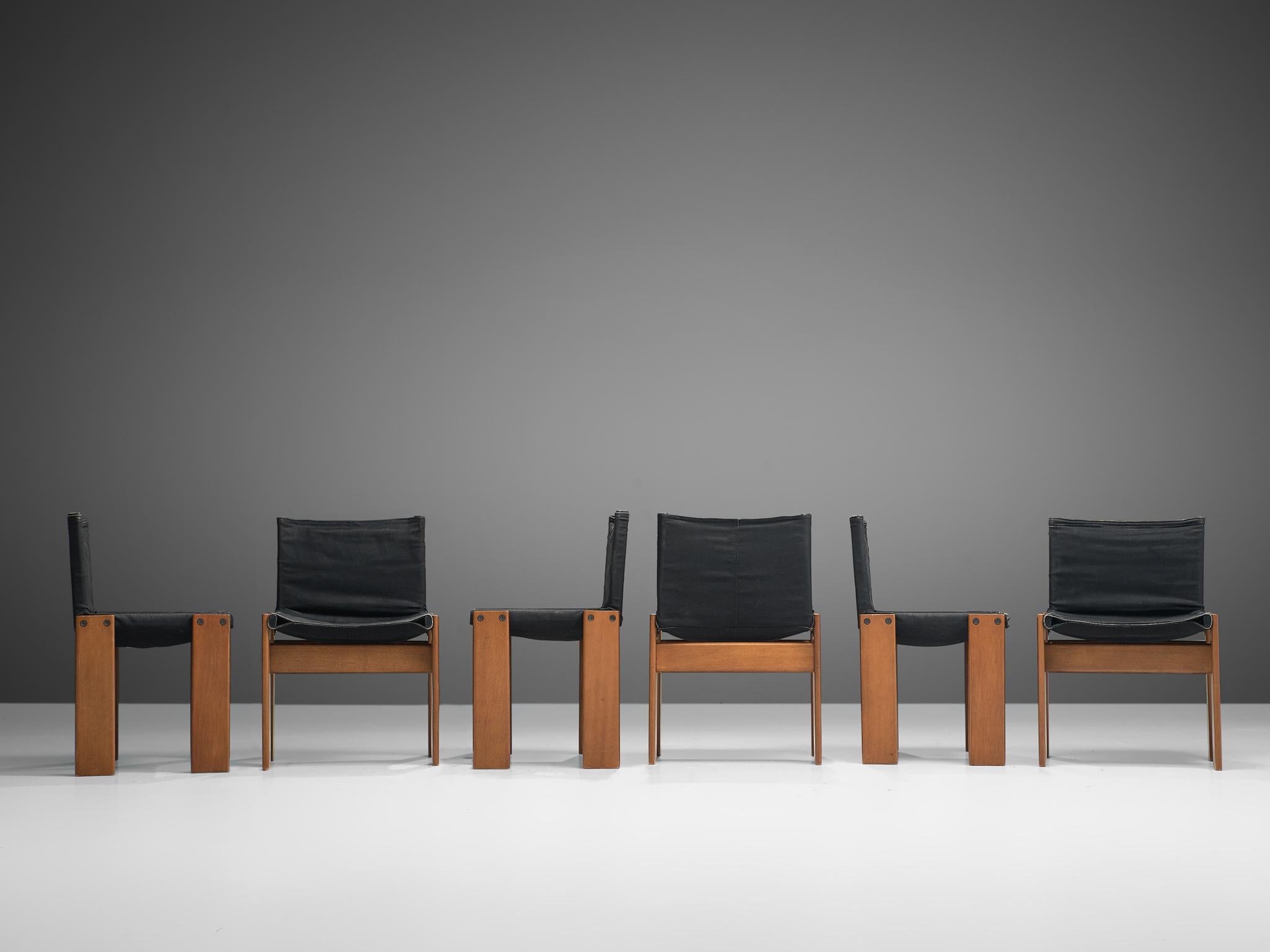 Italian Afra & Tobia Scarpa Set of Six Monk Chairs in Black Canvas