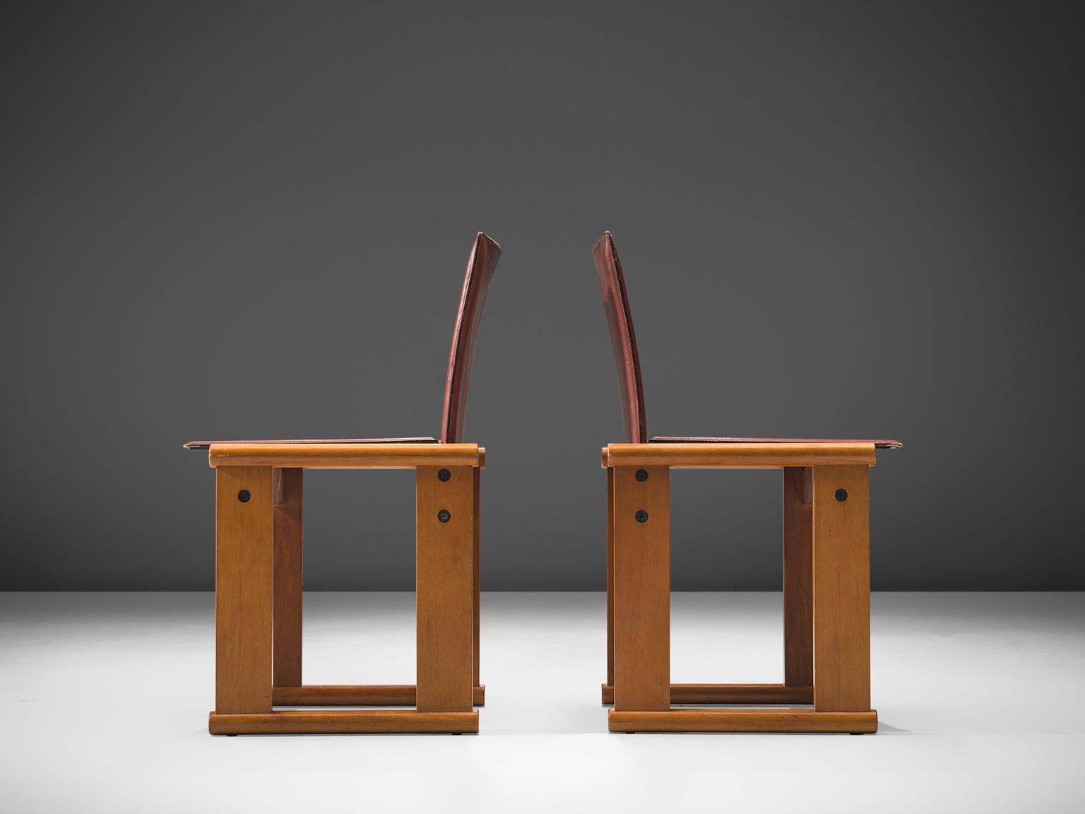 Italian Afra & Tobia Scarpa Set of Six Dining Chairs in Red Patinated Leather