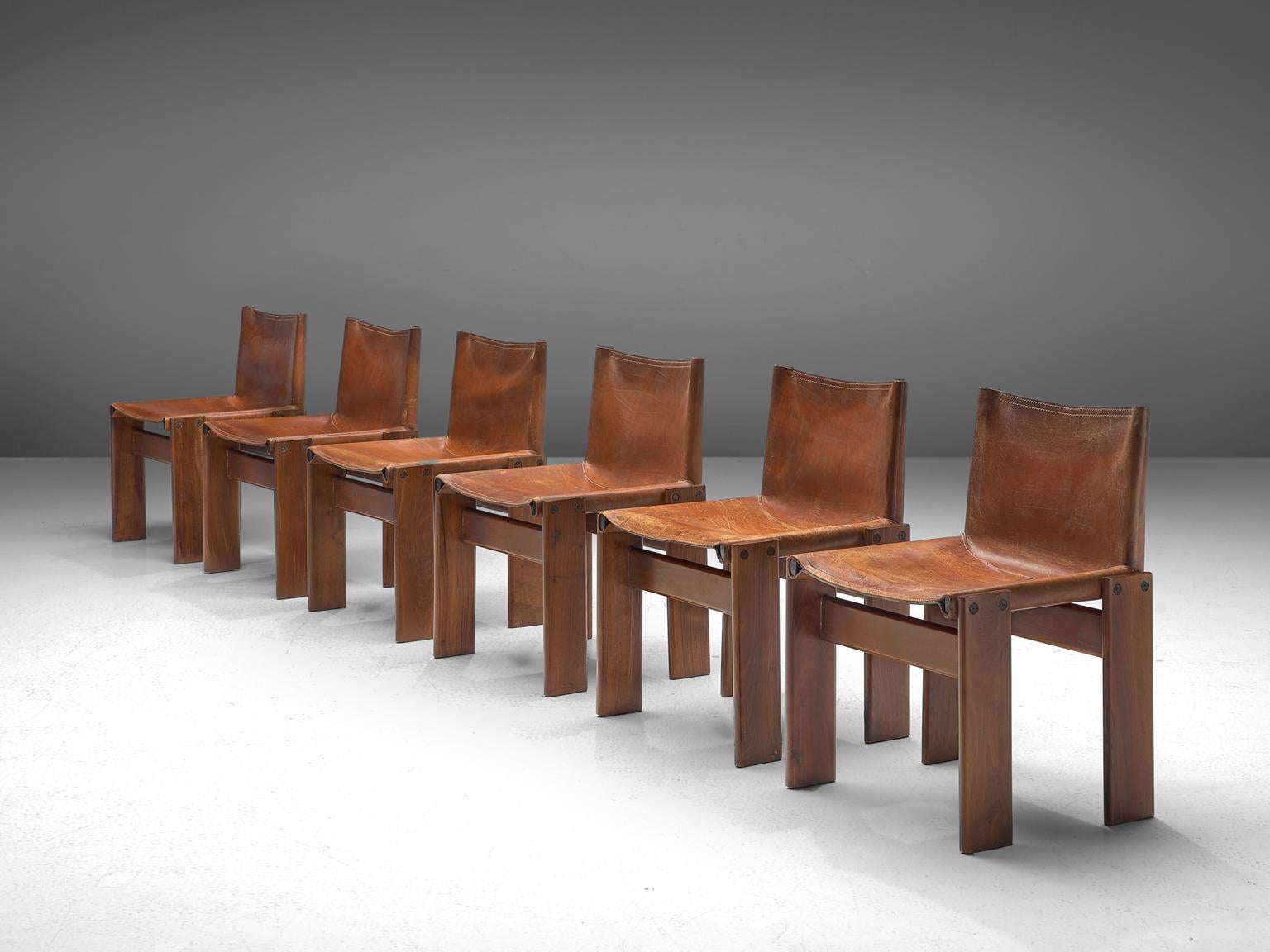 Mid-Century Modern Afra & Tobia Scarpa Set of Six Monk Chairs in Patinated Cognac Leather