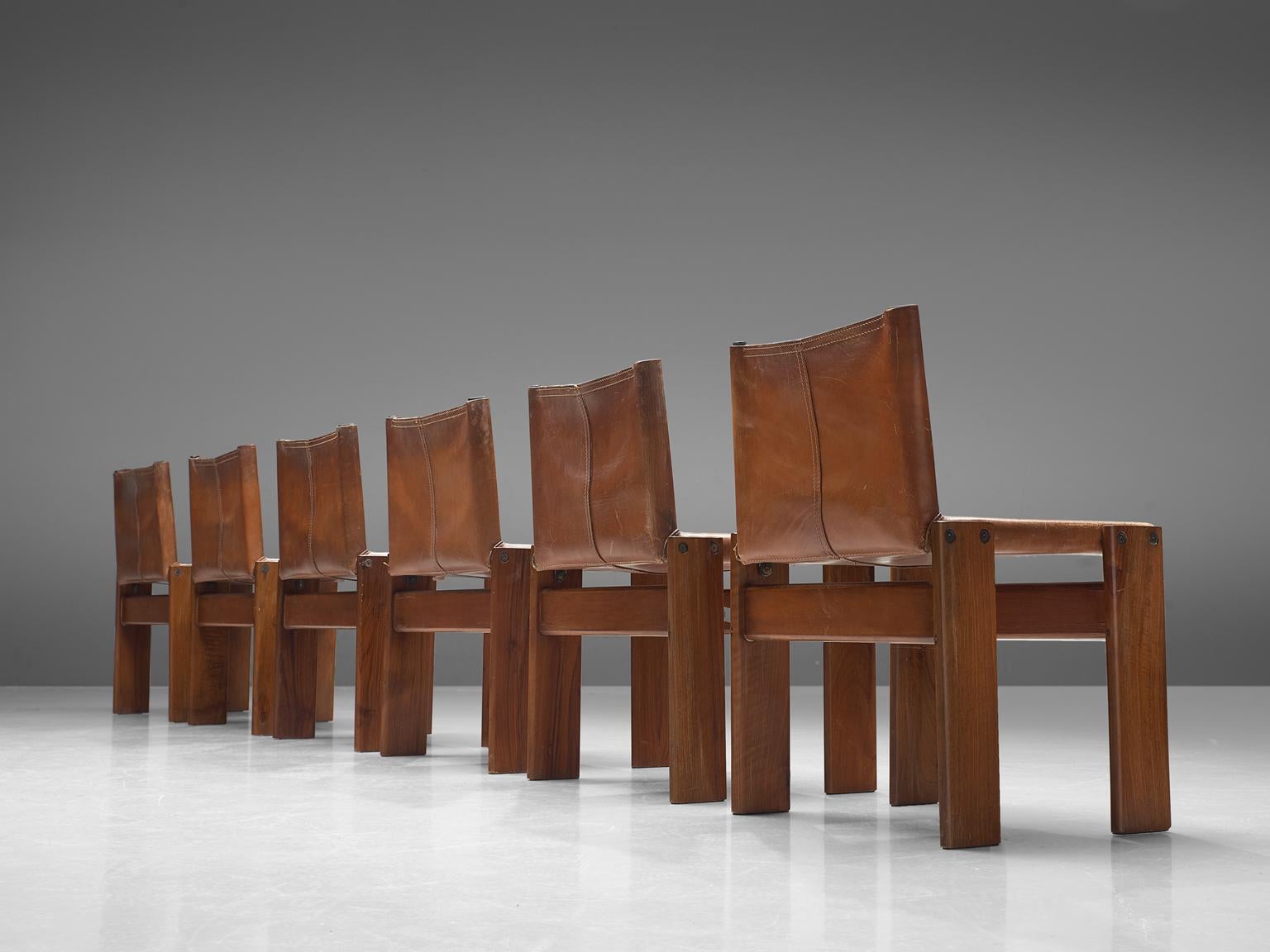 Italian Afra & Tobia Scarpa Set of Six Monk Chairs in Patinated Cognac Leather