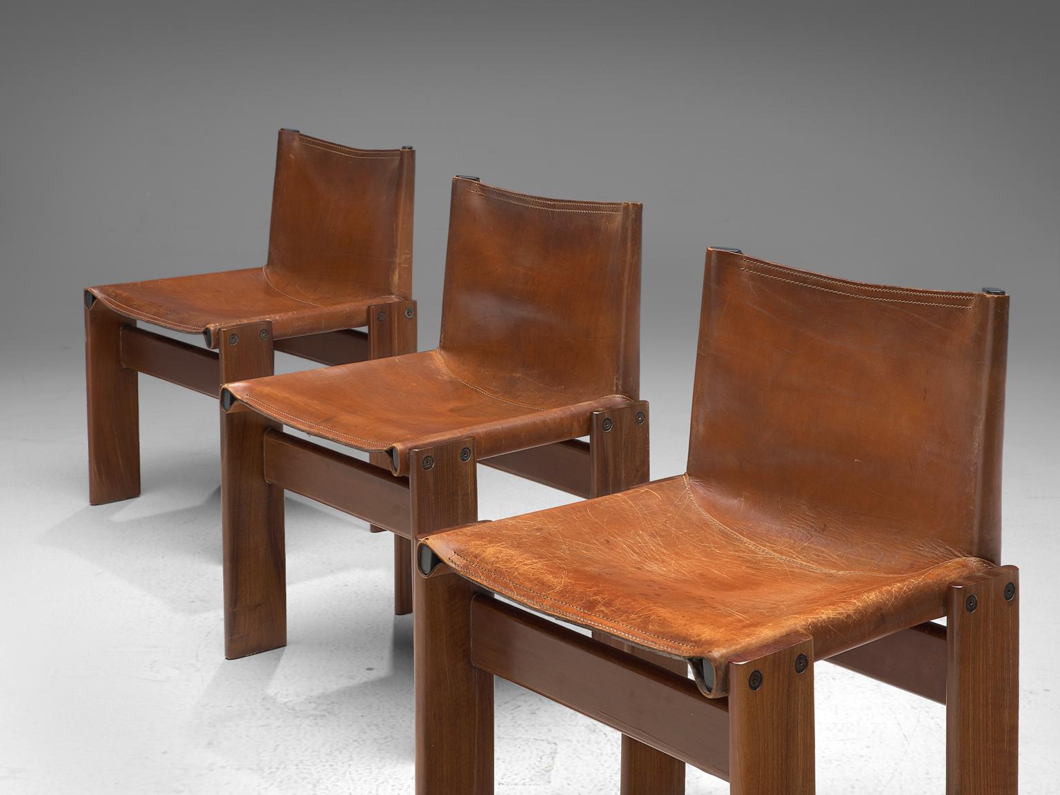 Afra & Tobia Scarpa Set of Six Monk Chairs in Patinated Cognac Leather In Good Condition In Waalwijk, NL