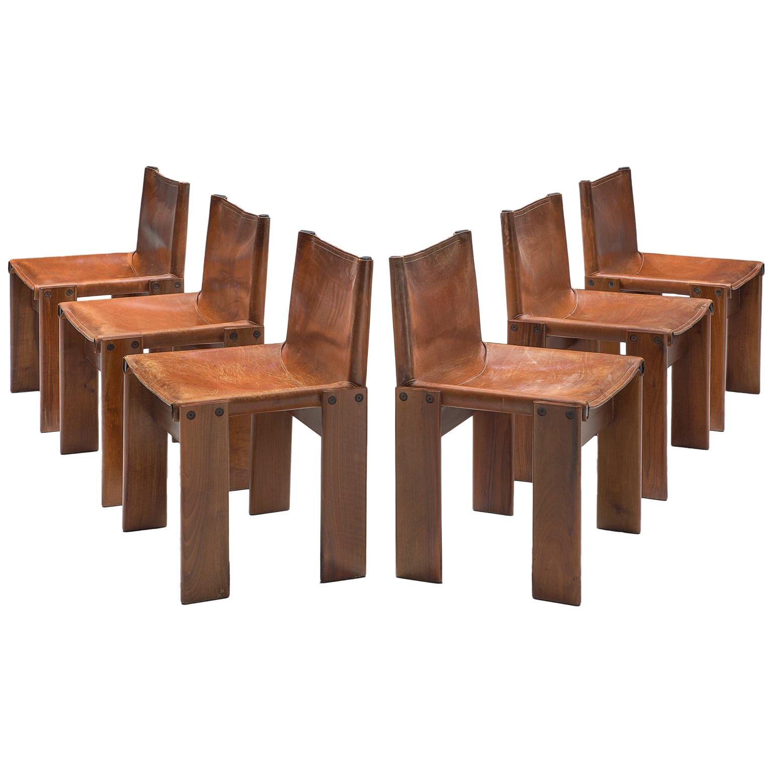 Afra & Tobia Scarpa Set of Six Monk Chairs in Patinated Cognac Leather