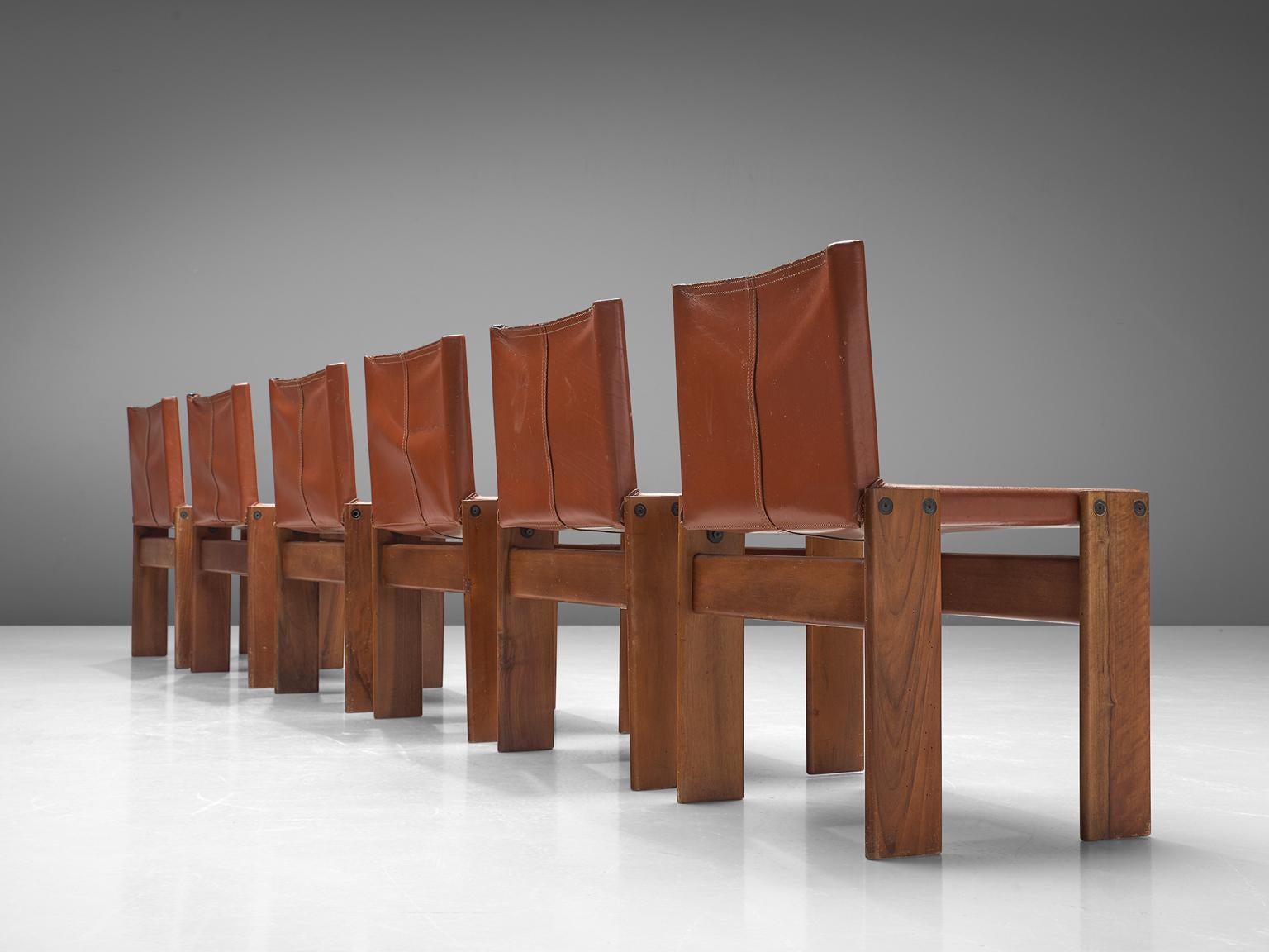 Mid-Century Modern Afra & Tobia Scarpa Set of Six Monk Chairs in Terracotta Red Leather