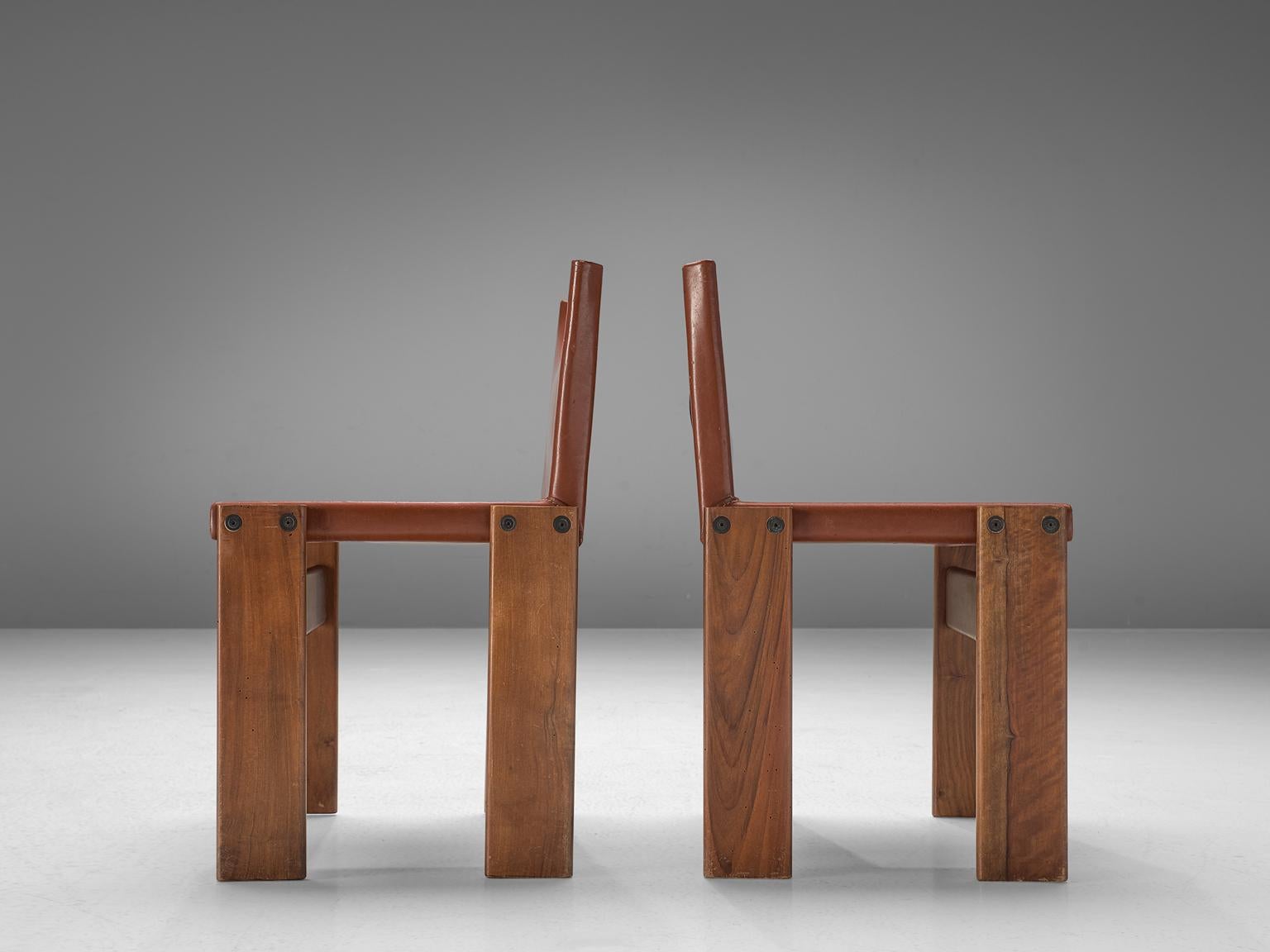 Italian Afra & Tobia Scarpa Set of Six Monk Chairs in Terracotta Red Leather