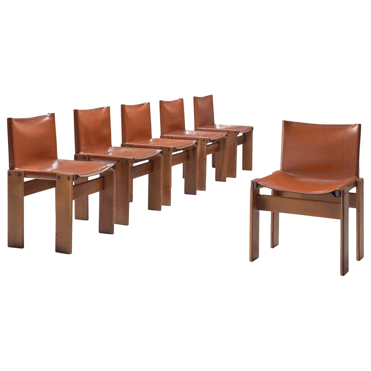 Afra & Tobia Scarpa Set of Six Monk Chairs in Terracotta Red Leather