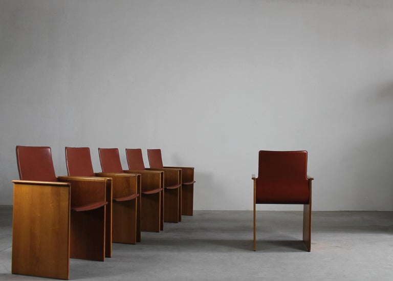Italian Afra & Tobia Scarpa Set of Six Torcello Chair in Leather and Wood by Stildomus For Sale