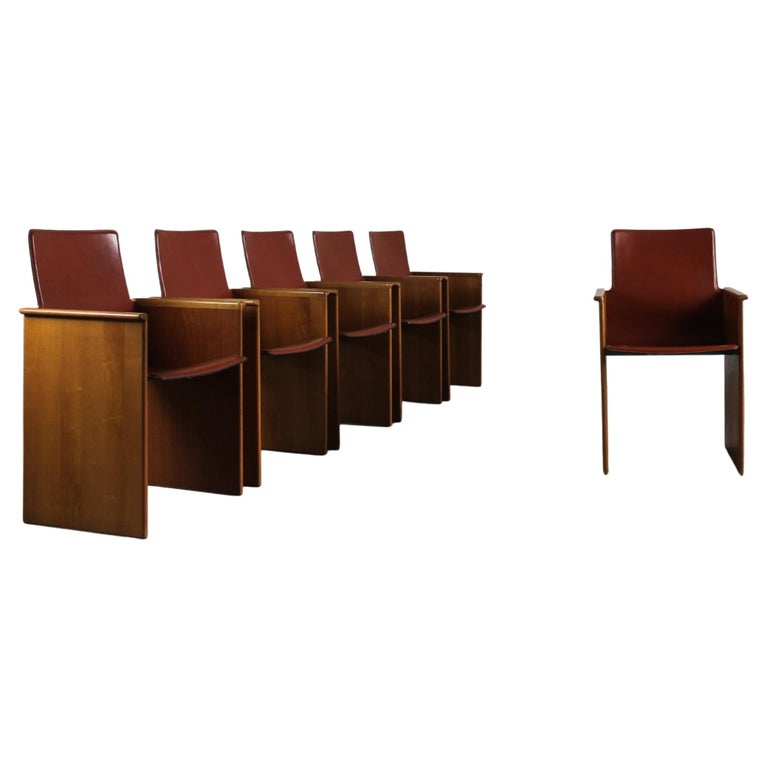 Afra & Tobia Scarpa Set of Six Torcello Chair in Leather and Wood by Stildomus For Sale