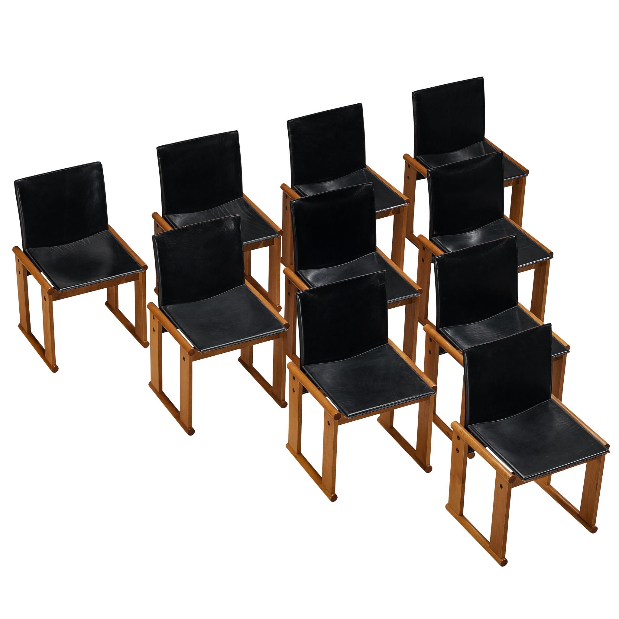 Afra & Tobia Scarpa Set of Ten Dining Chairs in Walnut and Black Saddle Leather