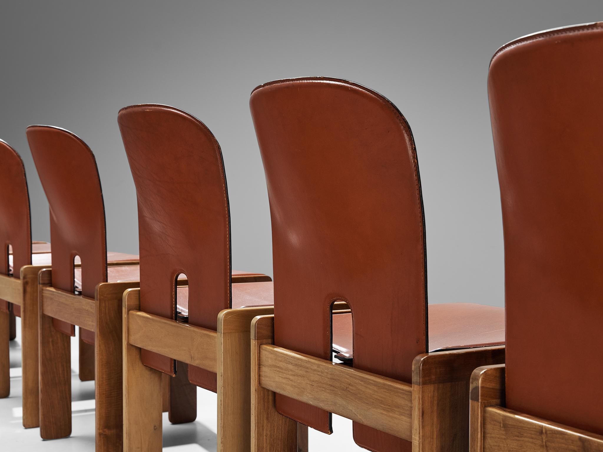 Italian Afra & Tobia Scarpa Set of Twelve '121' Dining Chairs in Red Brown Leather