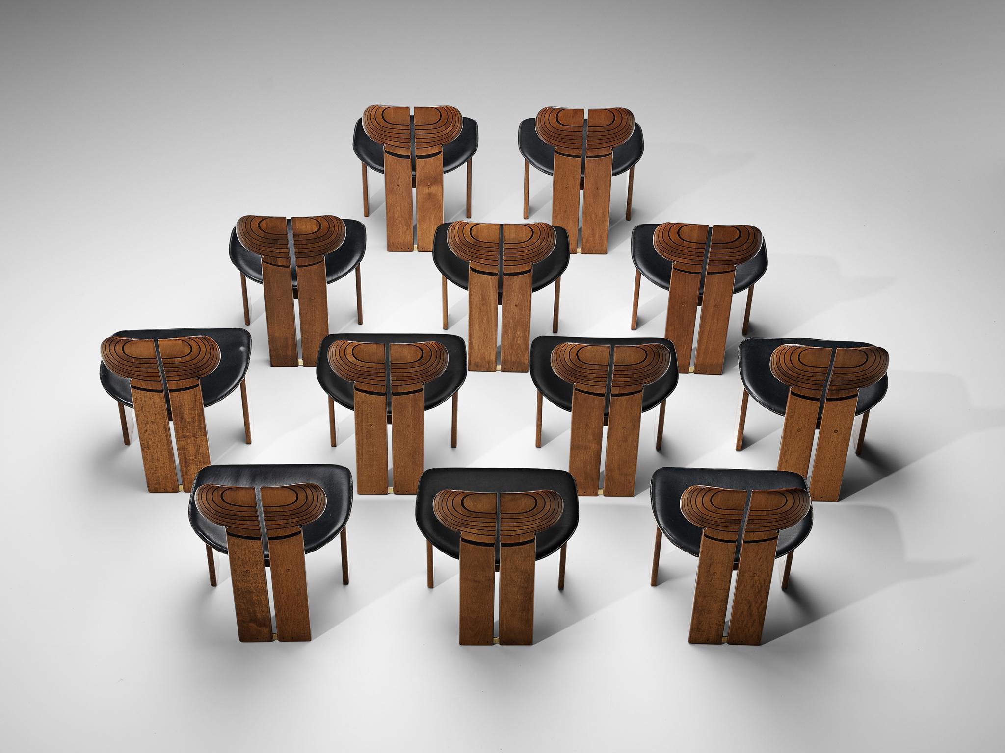 Mid-Century Modern Afra & Tobia Scarpa Set of Twelve 'Africa' Dining Chairs with Black Leather