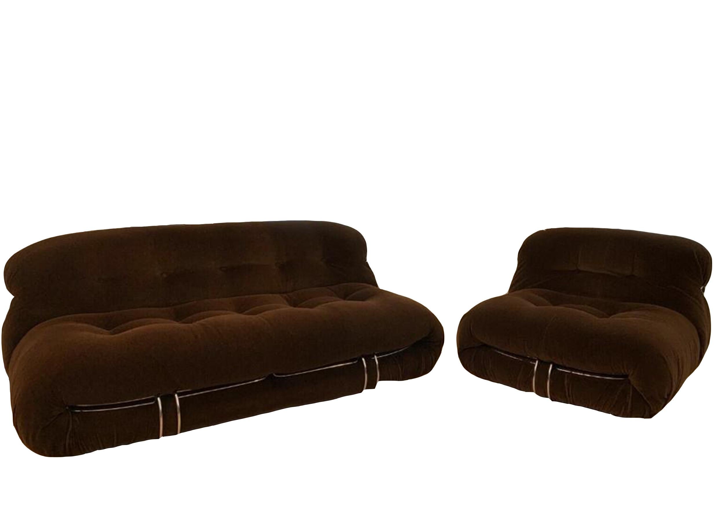Exquisite Soriana set with a two-seat Soriana sofa, two armchairs and one ottoman with a chromed metal structure and upholstered in dark brown velvet. 
Designed by Tobia and Afra Scarpa for Cassina, 1970, Italy. 

Measurements: H 65 x Seat H 38 x
