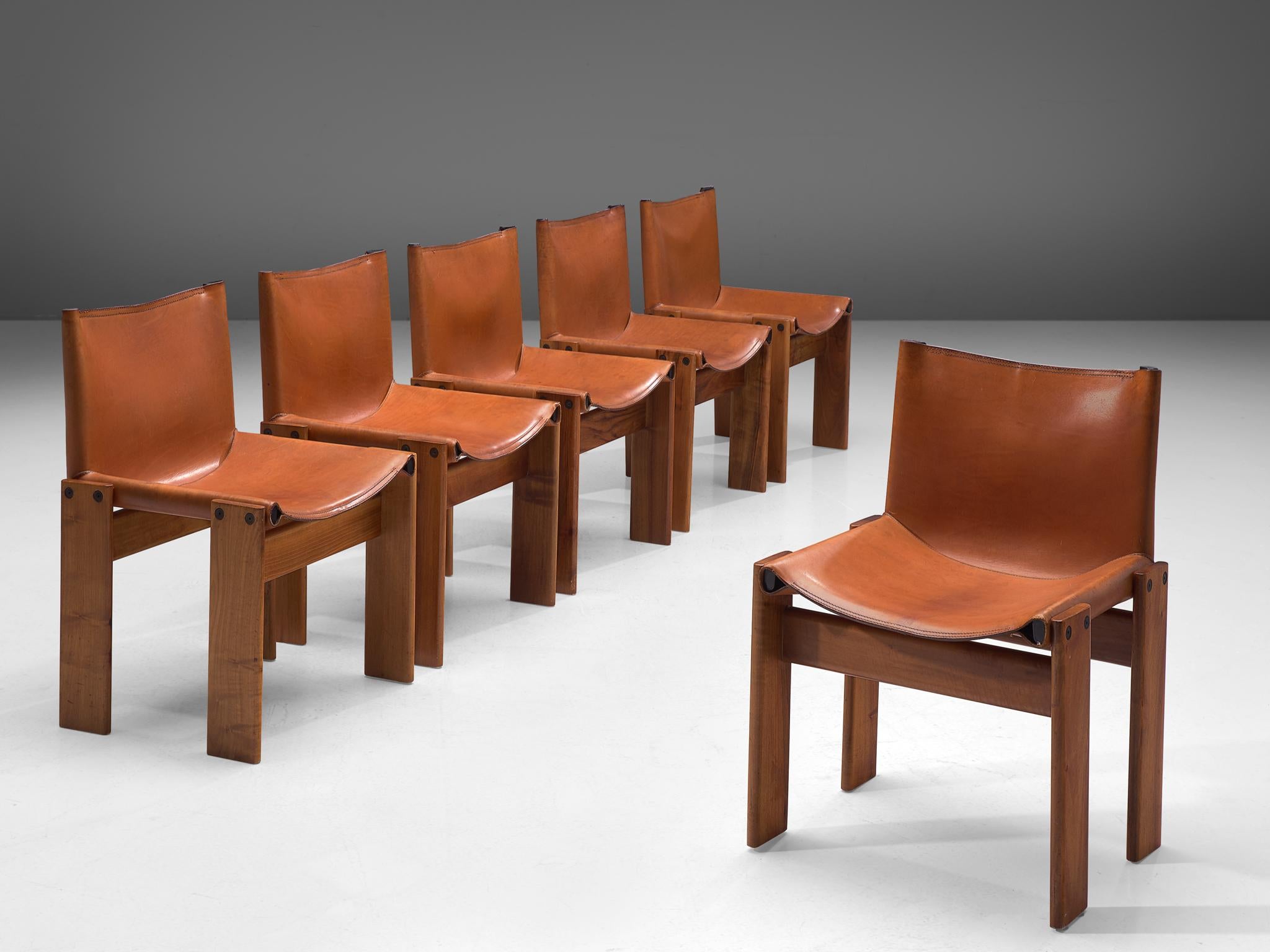 Mid-Century Modern Afra & Tobia Scarpa Six Monk Chairs in Cognac Leather
