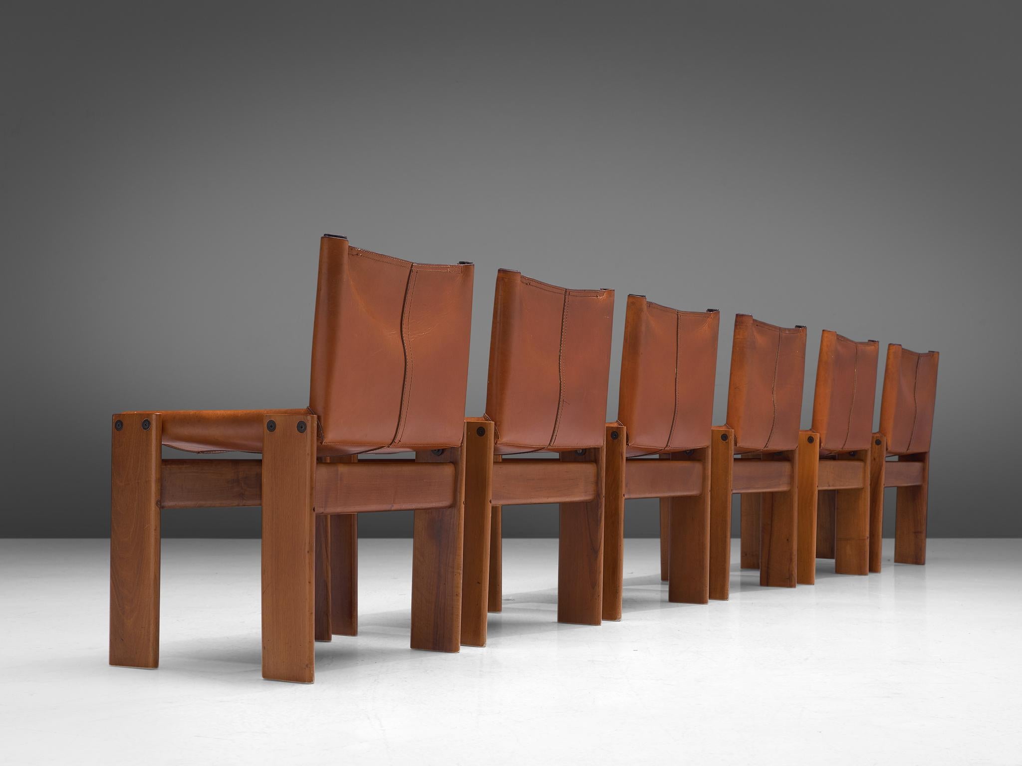 Italian Afra & Tobia Scarpa Six Monk Chairs in Cognac Leather