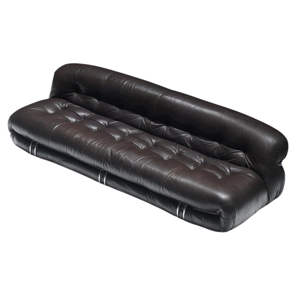 Afra & Tobia Scarpa “Soriana” 3-Seater Sofa in Dark Chocolate Leather - Cassina. in vendita