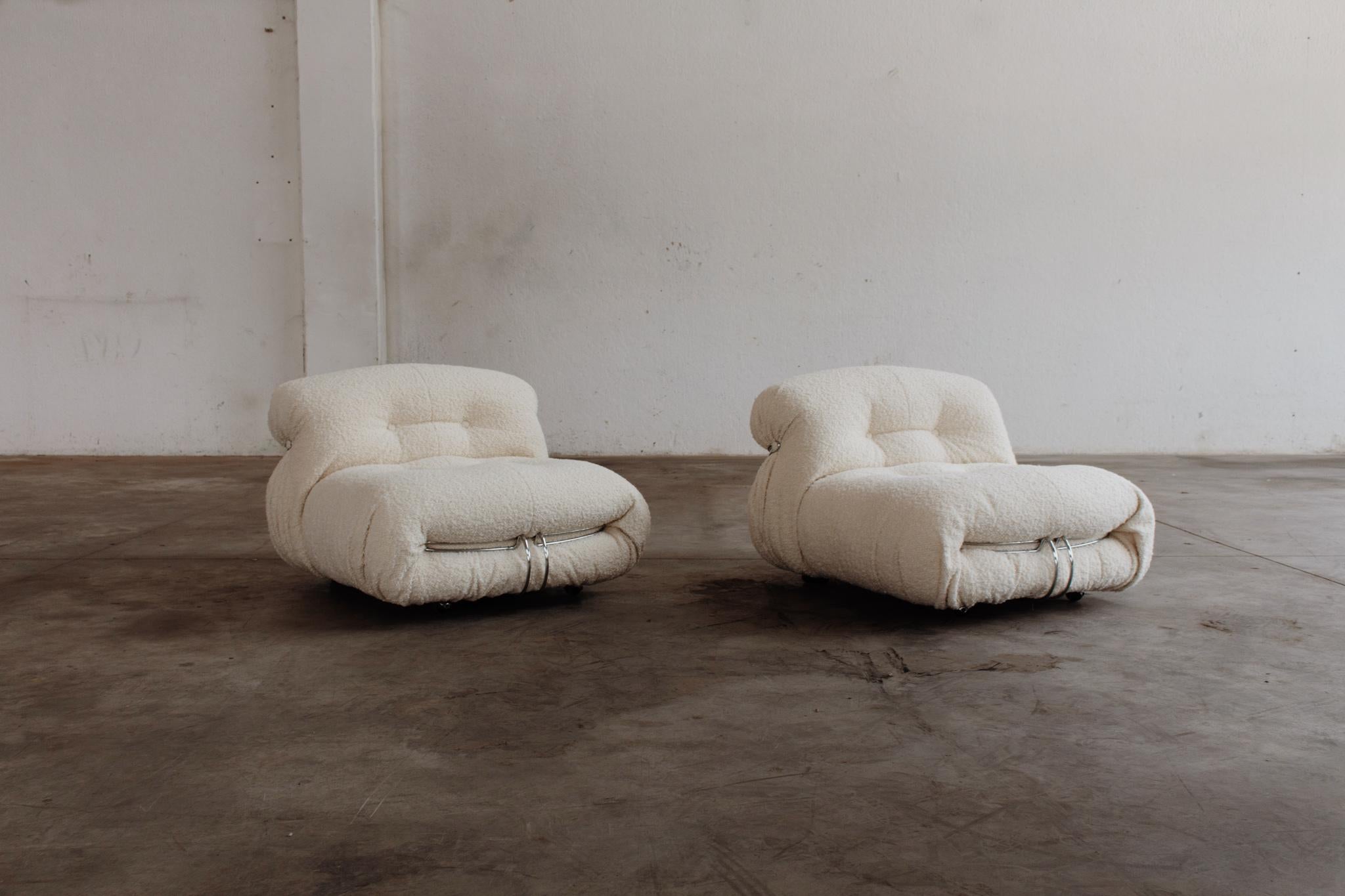 Afra & Tobia Scarpa “Soriana” lounge chairs for Cassina, bouclé wool and chromed steel, Italy, 1969, set of two.

Although technically designed in the 1960s, the 