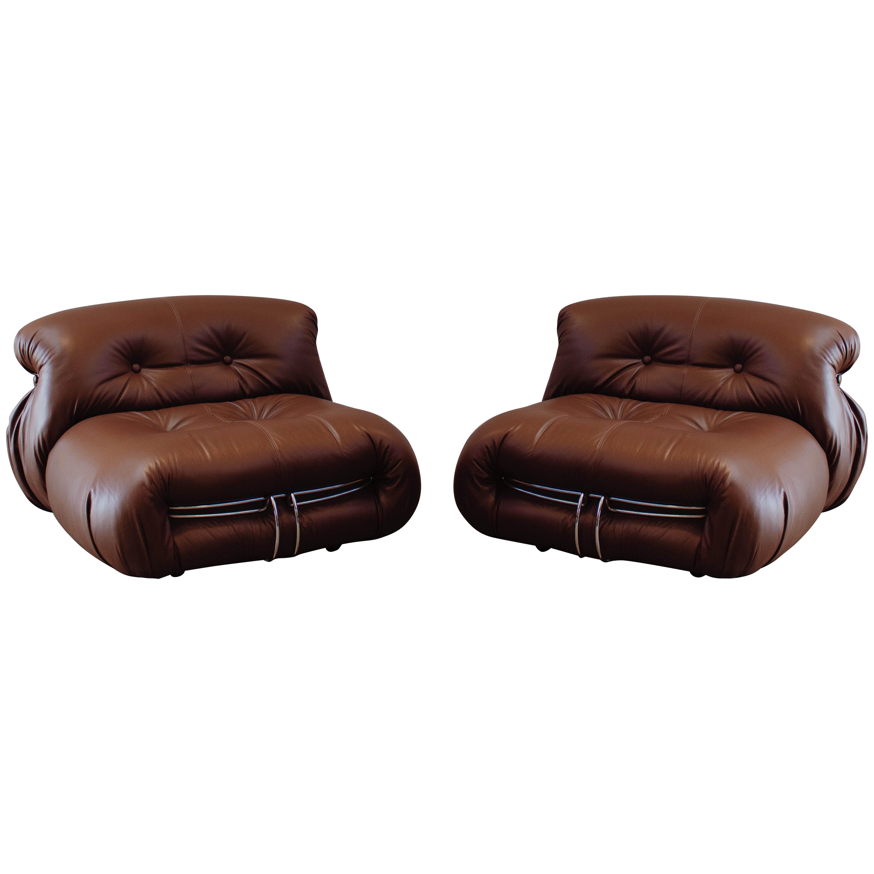 Chaises Afra & Tobia Scarpa "Soriana" pour Cassina, cuir Brown, 1969, Ensemble de 2