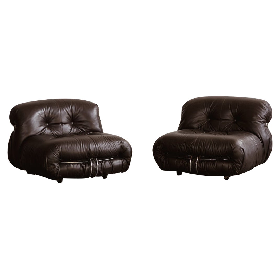 Afra 
Tobia Scarpa "Soriana" Chairs for Cassina, Brown Leather, 1969, Set of 2