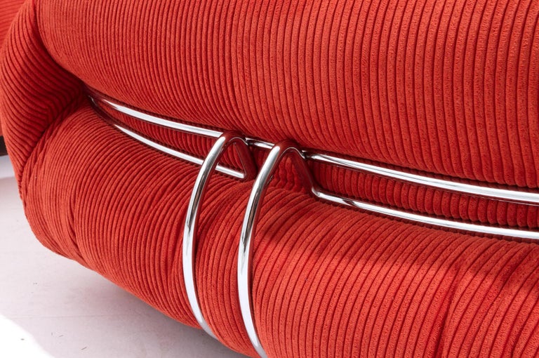 Italian Afra & Tobia Scarpa 'Soriana' Chaise Lounge Chair with Ottoman in Red Corduroy
