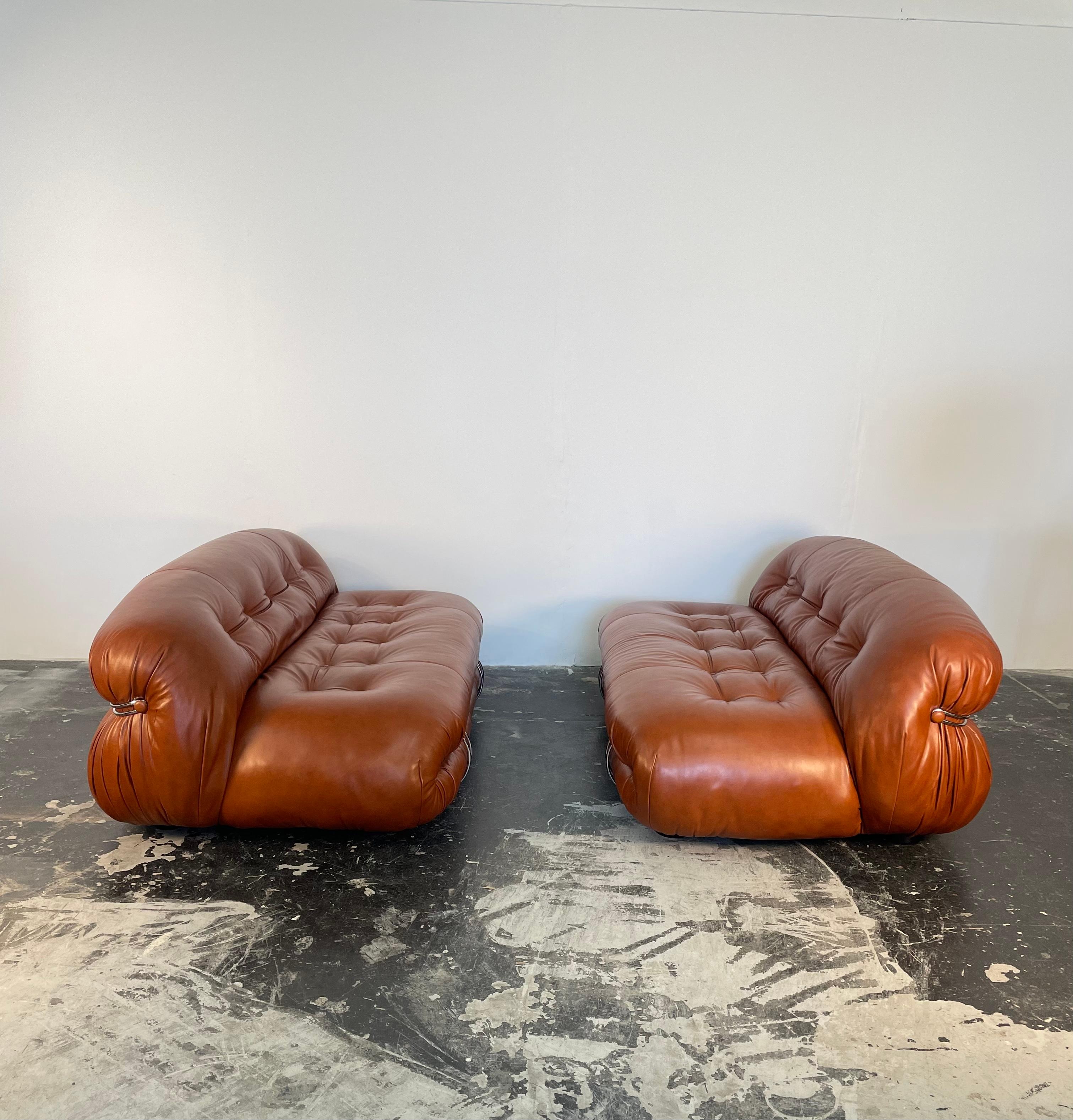 Doesnt get cooler and comfier than this sofa. 

We have 2 gorgeous Soriana sofas available. Both have been reupholstered in soft new cognac Italian leather. The metal detail on the sofas make it a stand out. It is also a very comfortable