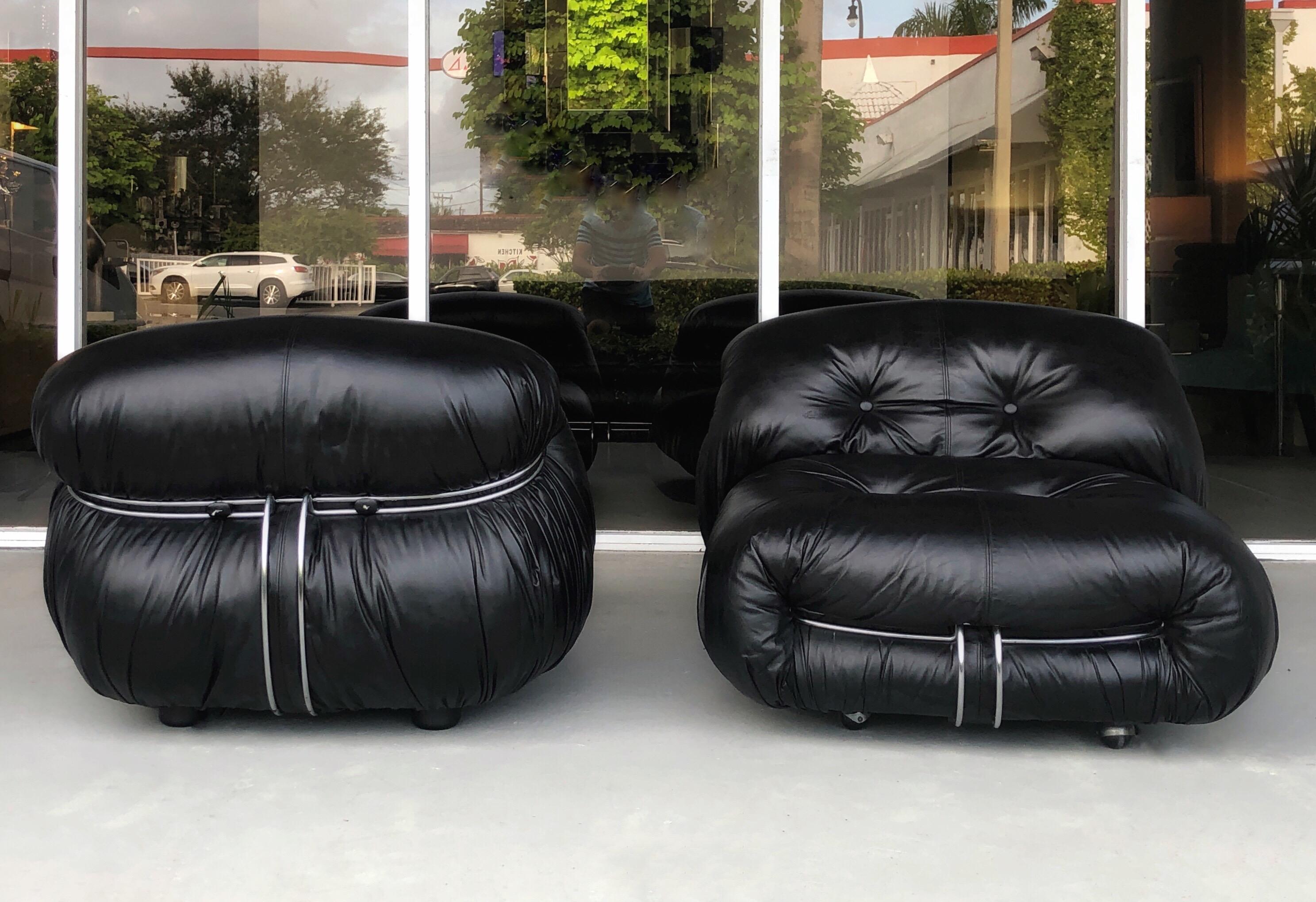 Afra & Tobia Scarpa Soriana Leather Sofa, Chairs and Ottomans by Cassina, 1970s 8