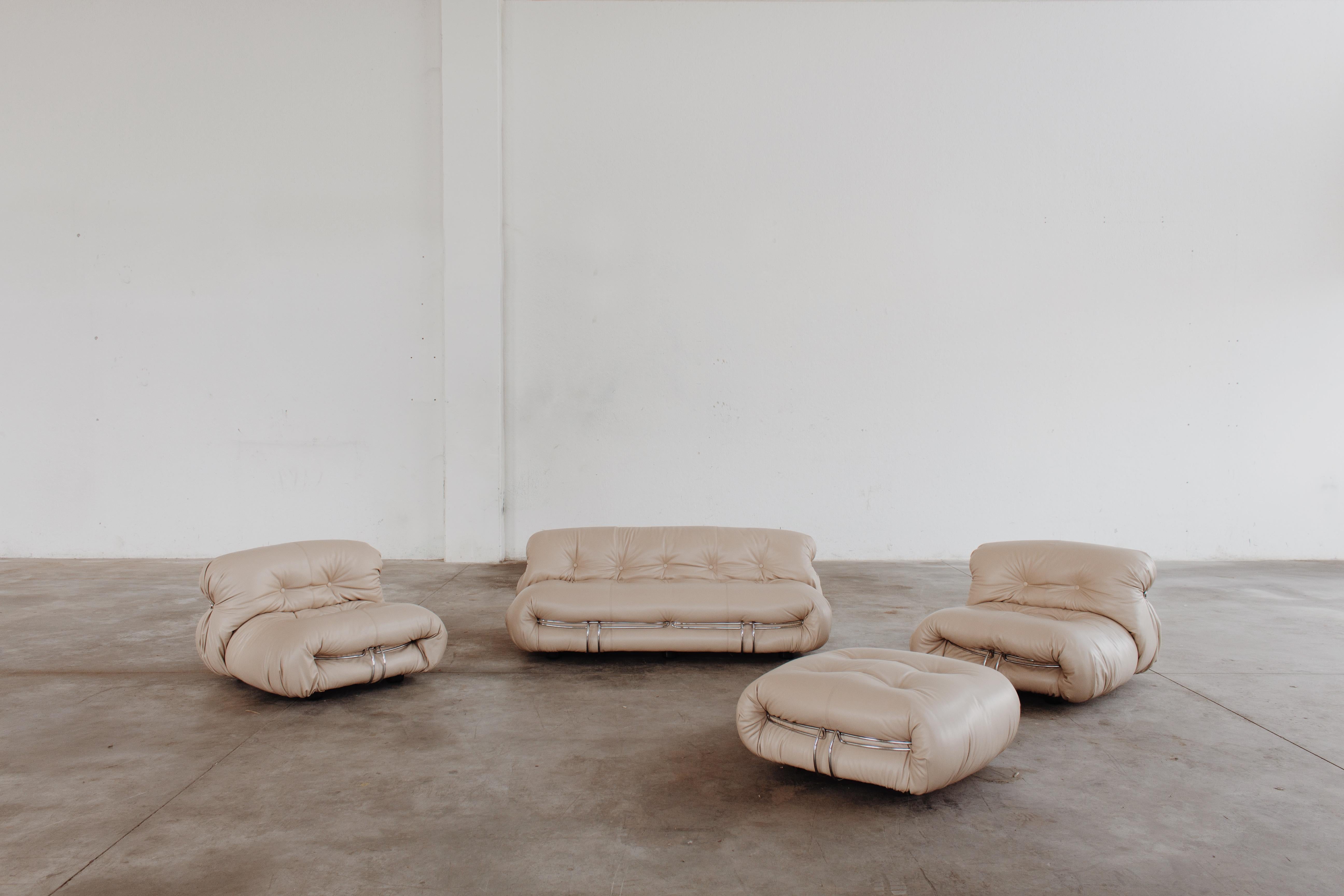 Leather Afra & Tobia Scarpa “Soriana” Living Room Set for Cassina, 1969 For Sale