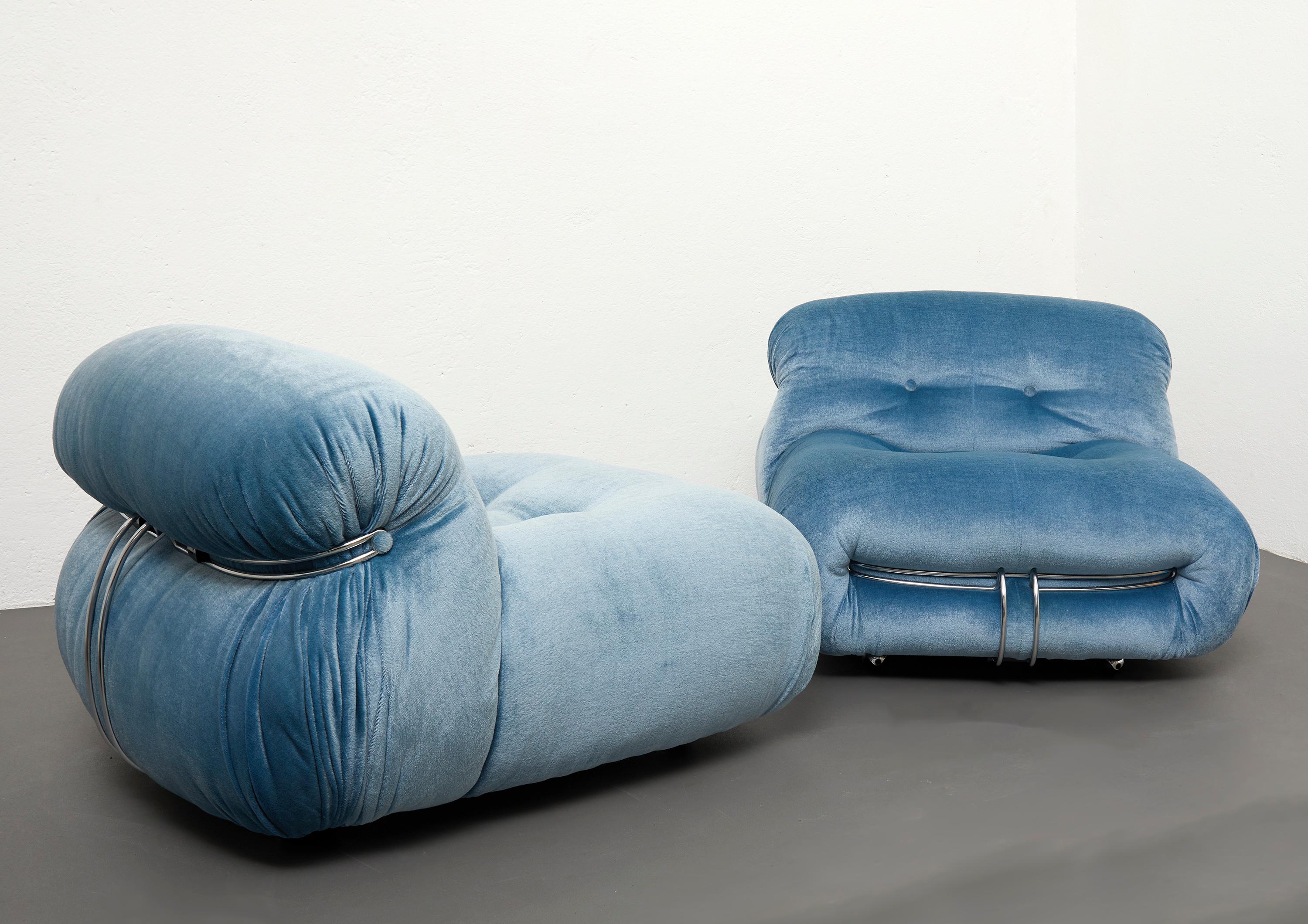 Afra & Tobia Scarpa Soriana Living Room Set in Sky Blue Velvet for Cassina, 1970 5