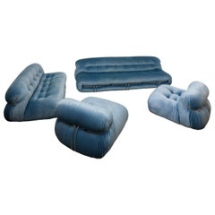 Afra & Tobia Scarpa Soriana Living Room Set in Sky Blue Velvet for Cassina, 1970
