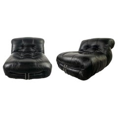 Afra & Tobia Scarpa " Soriana" Lounge Black Leather Chair for Cassina, a Pair