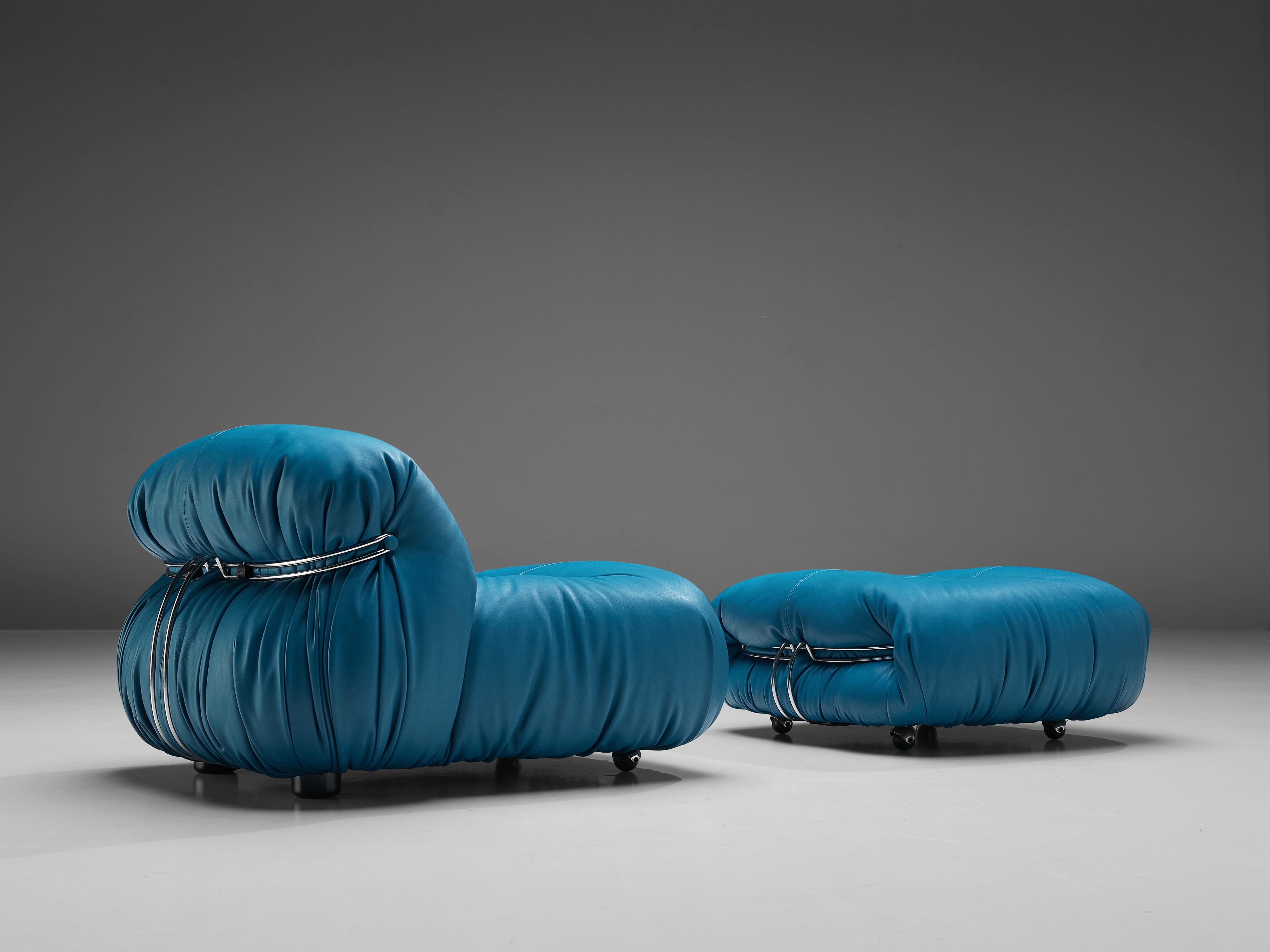 Mid-Century Modern Afra & Tobia Scarpa 'Soriana' Lounge Chair with Ottoman in Blue Leather