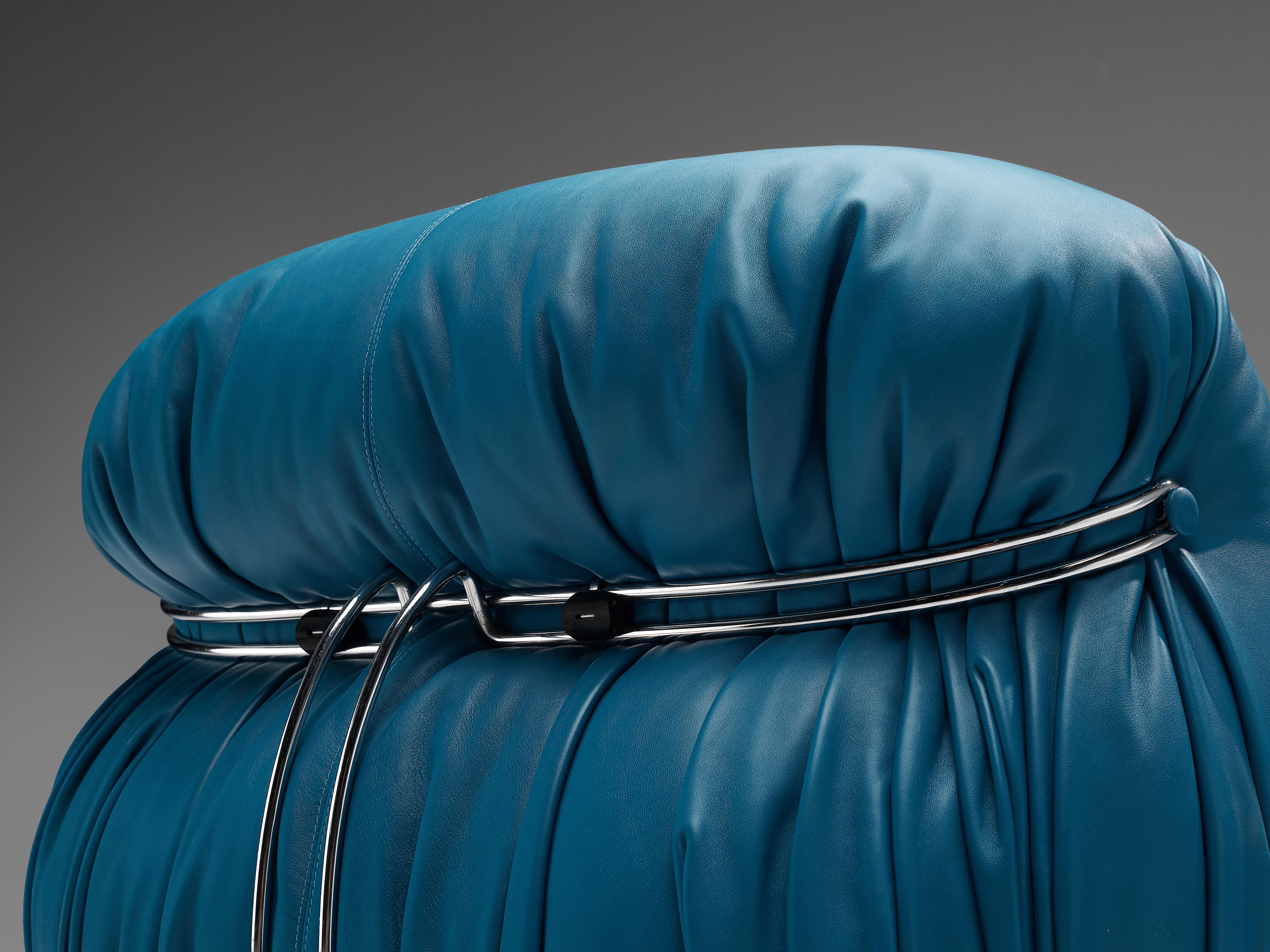 Italian Afra & Tobia Scarpa 'Soriana' Lounge Chair with Ottoman in Blue Leather