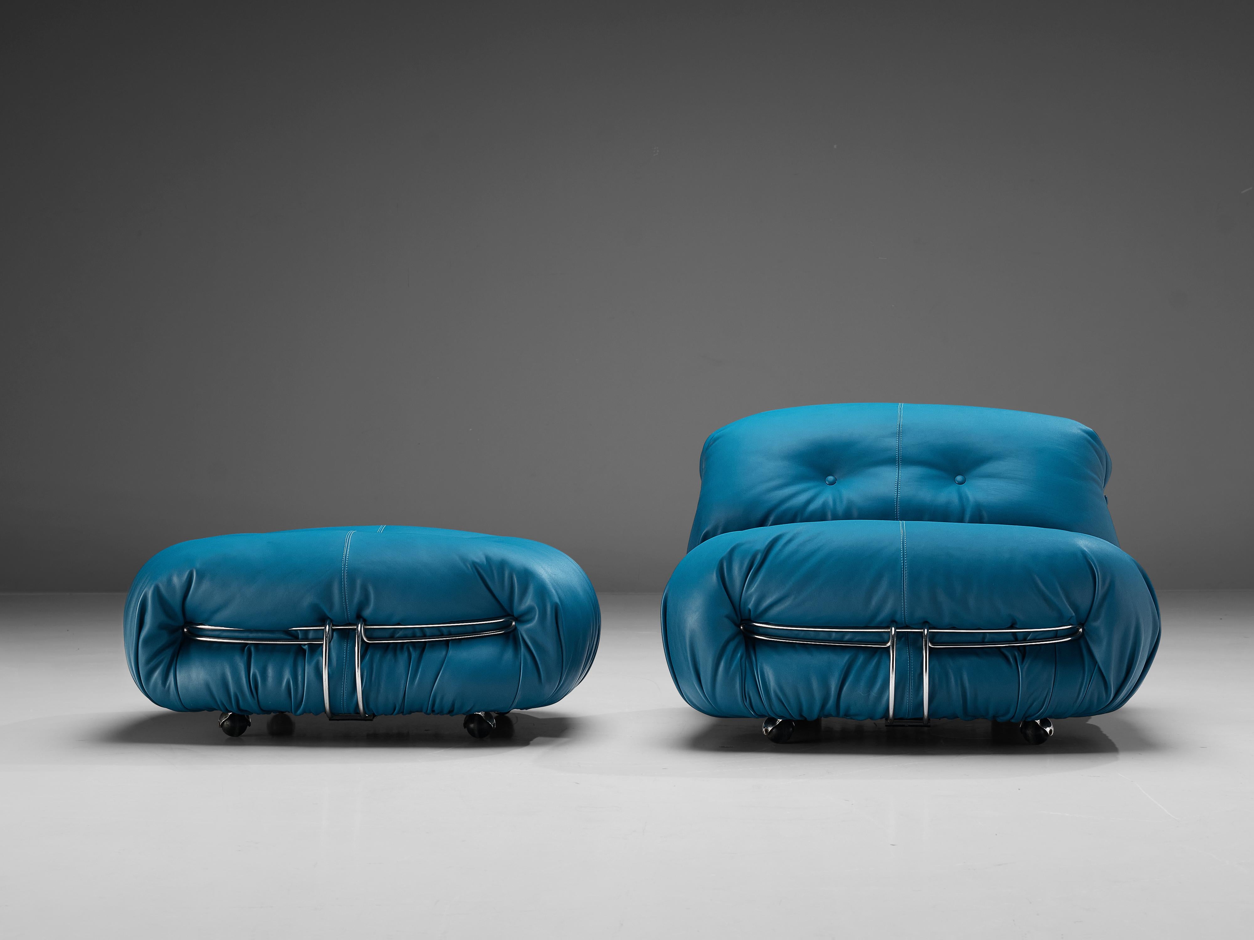 Mid-20th Century Afra & Tobia Scarpa 'Soriana' Lounge Chair with Ottoman in Blue Leather
