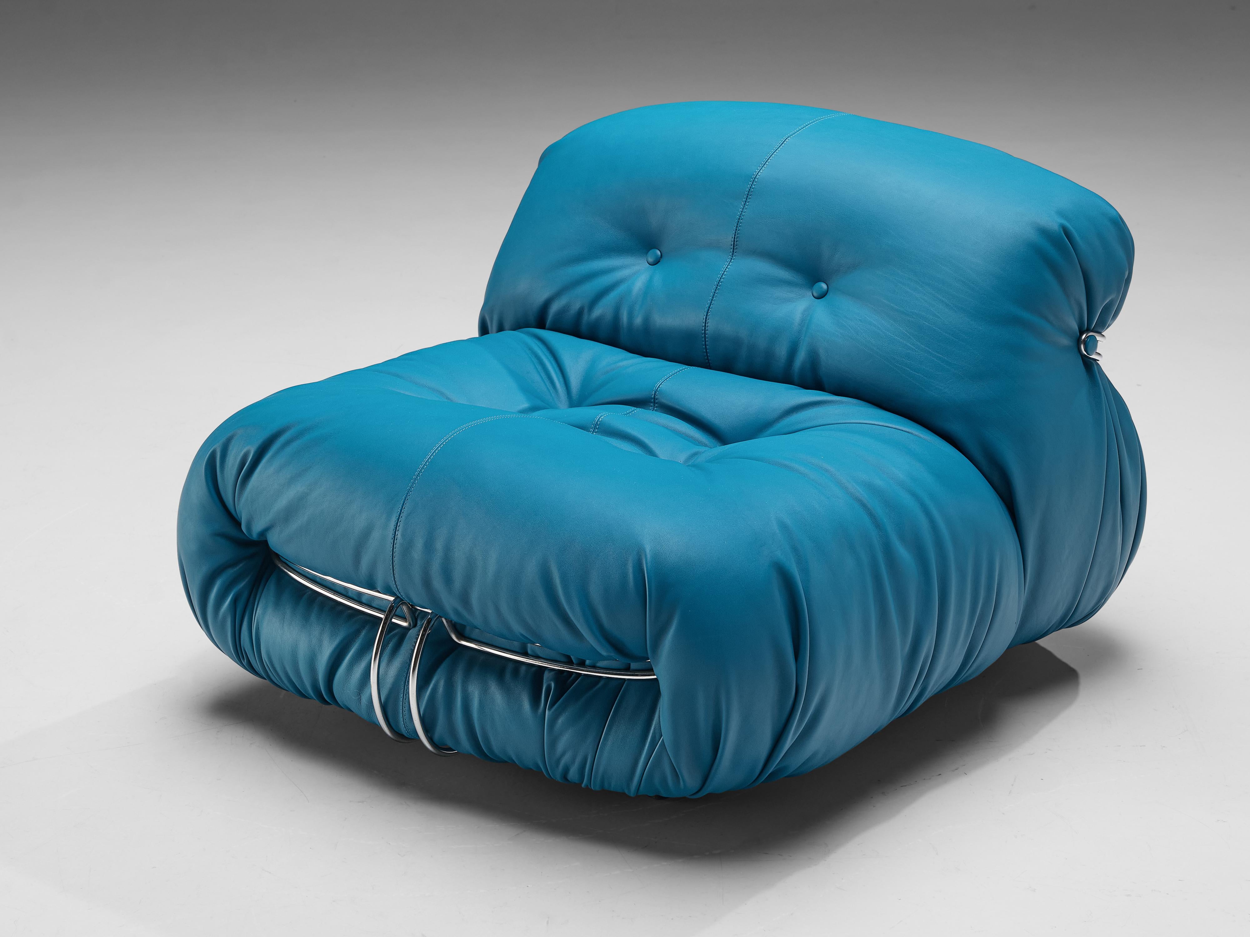 Afra & Tobia Scarpa 'Soriana' Lounge Chair with Ottoman in Blue Leather 1