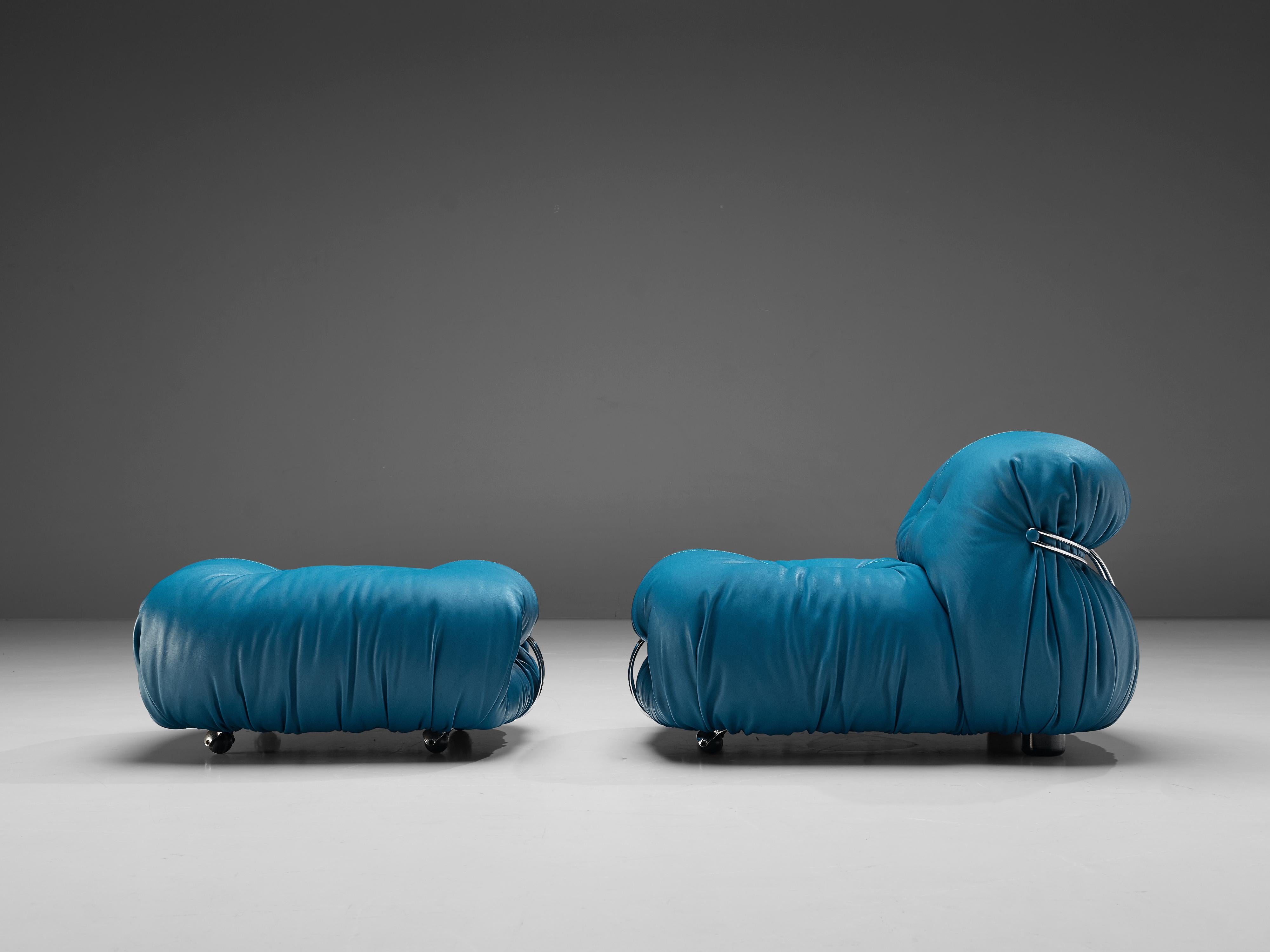 Afra & Tobia Scarpa 'Soriana' Lounge Chair with Ottoman in Blue Leather 2