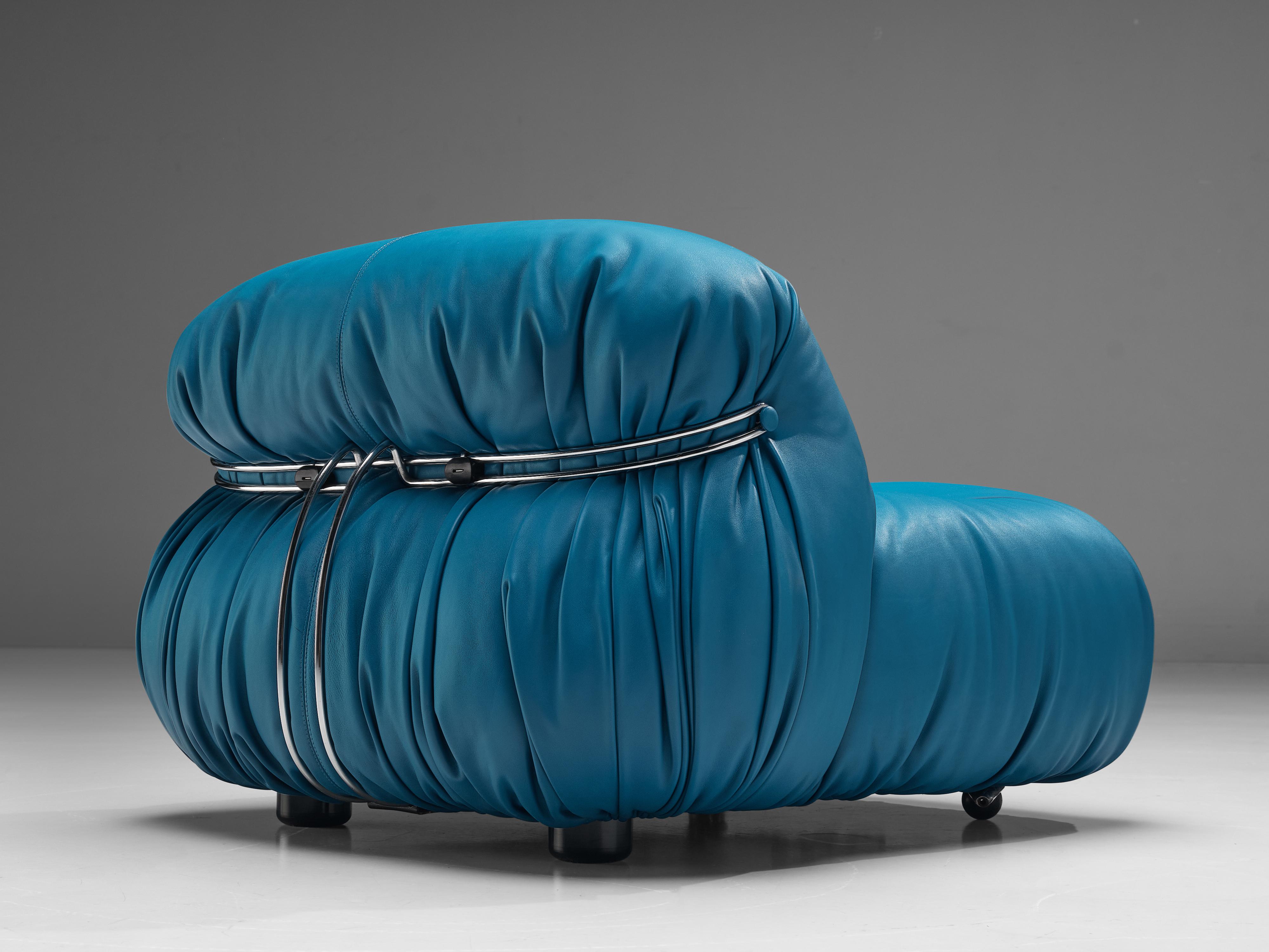 Afra & Tobia Scarpa 'Soriana' Lounge Chair with Ottoman in Blue Leather 3