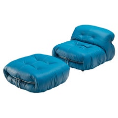 Afra & Tobia Scarpa 'Soriana' Lounge Chair with Ottoman in Blue Leather