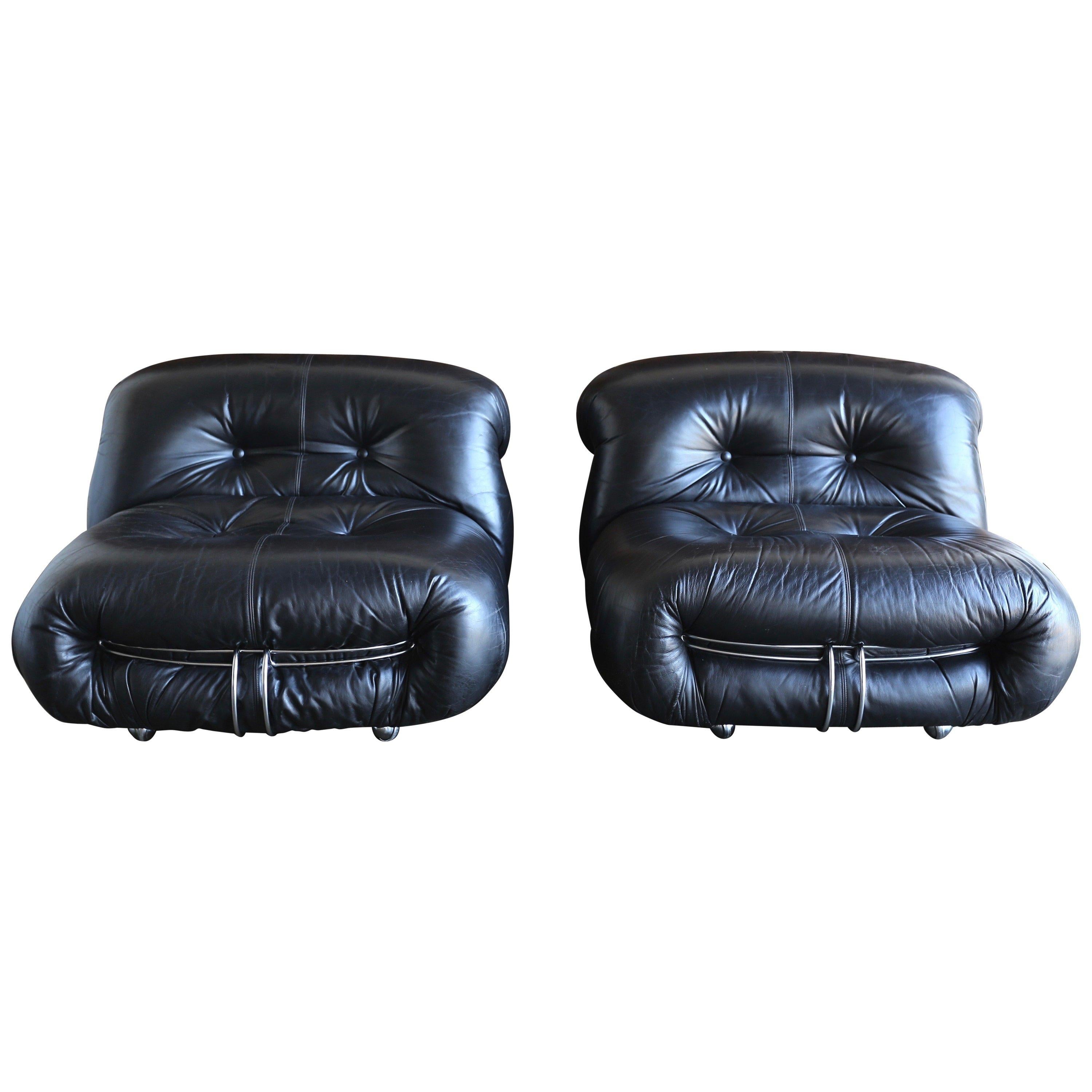 Afra & Tobia Scarpa Soriana lounge chairs and ottoman for Cassina, circa 1975. Original black leather.
 