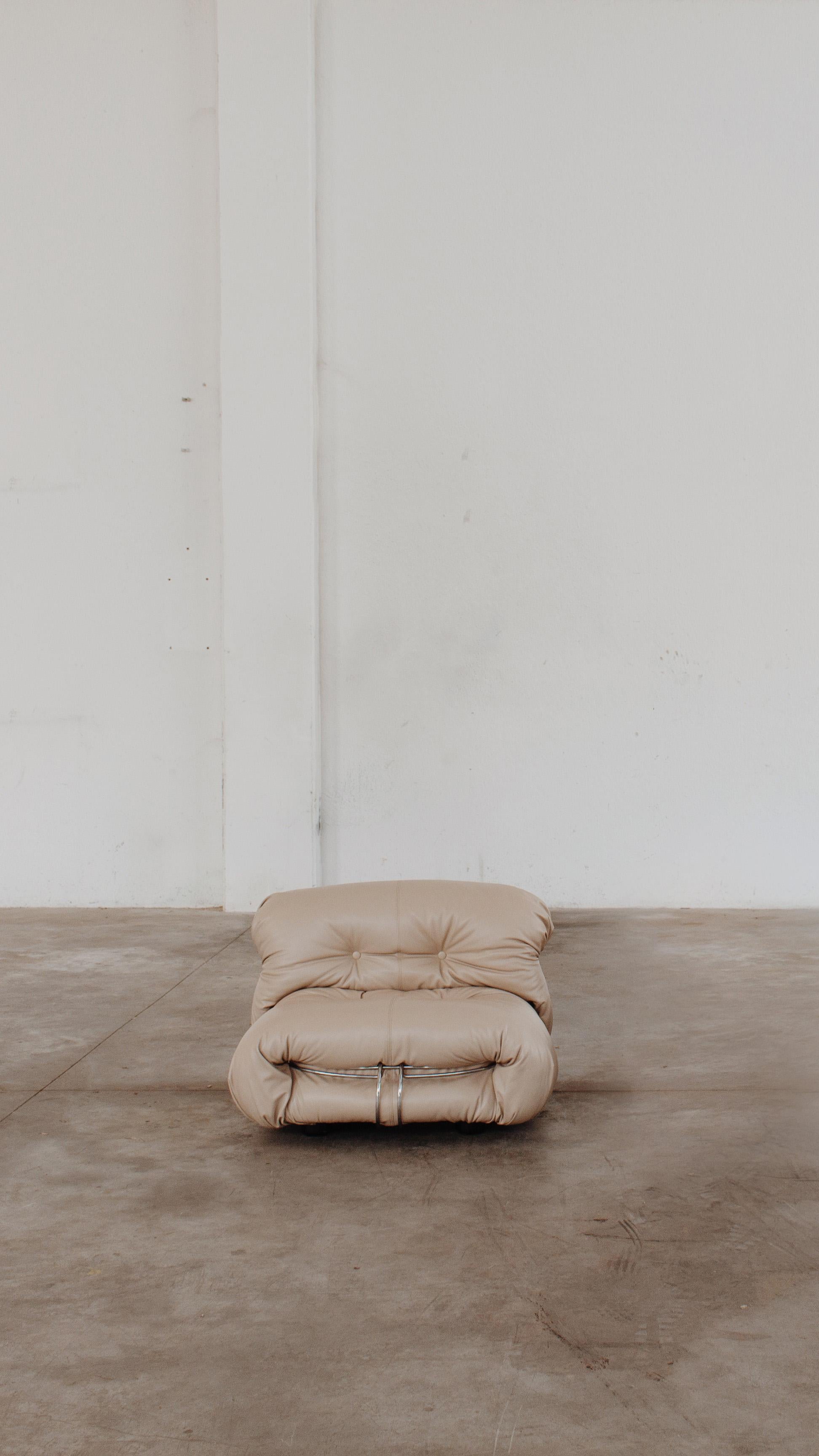 Afra & Tobia Scarpa “Soriana” Lounge Chair for Cassina, Champagne Leather, Italy, 1969, Set of one.

Although technically designed in the 1960s, the 