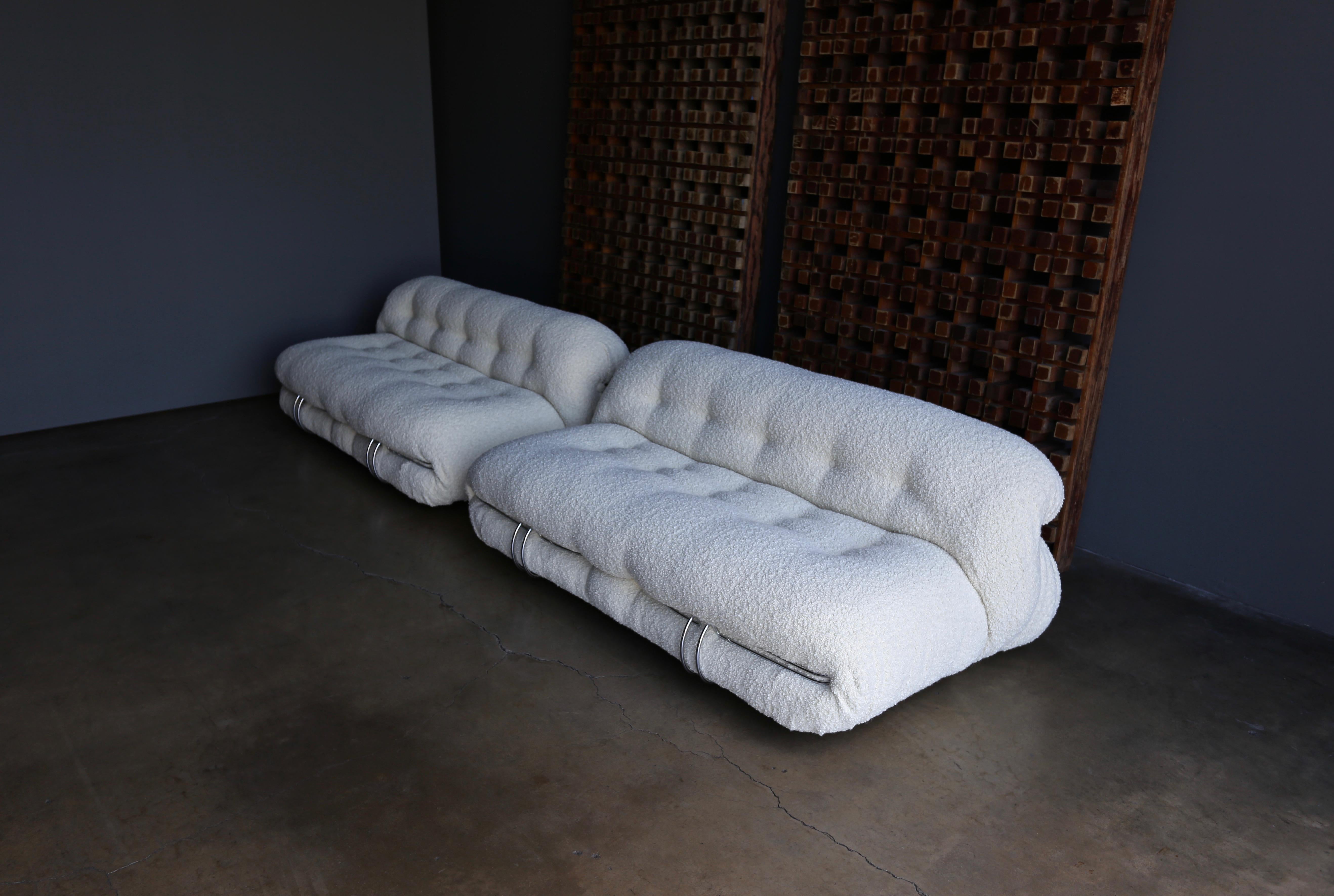 Afra & Tobia Scarpa Soriana Settee's for Cassina in Bouclé, circa 1975. This pair has been expertly upholstered in alpaca bouclé.