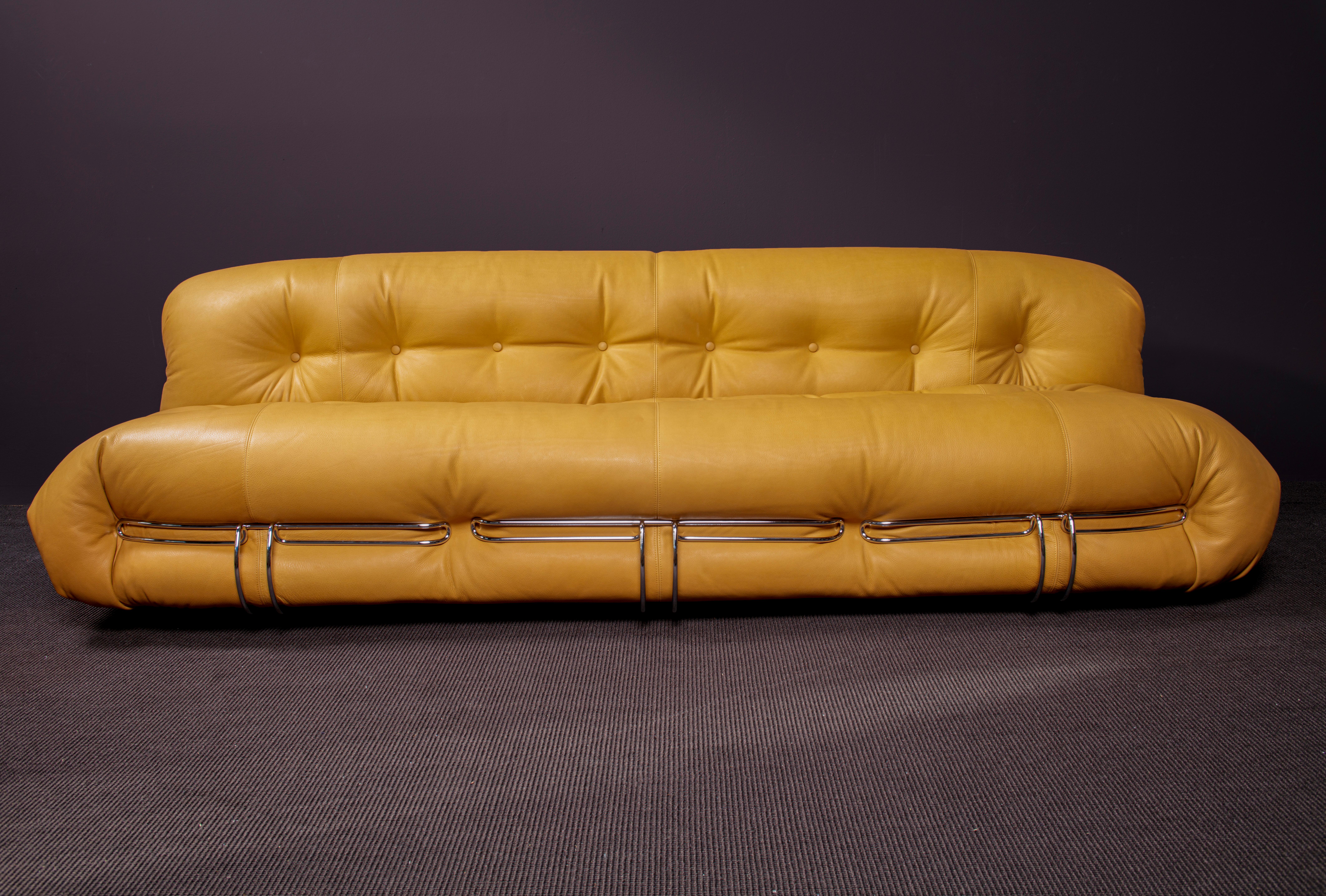 Afra & Tobia Scarpa Soriana Sofa and Ottoman in Light Tobacco Leather by Cassina For Sale 3